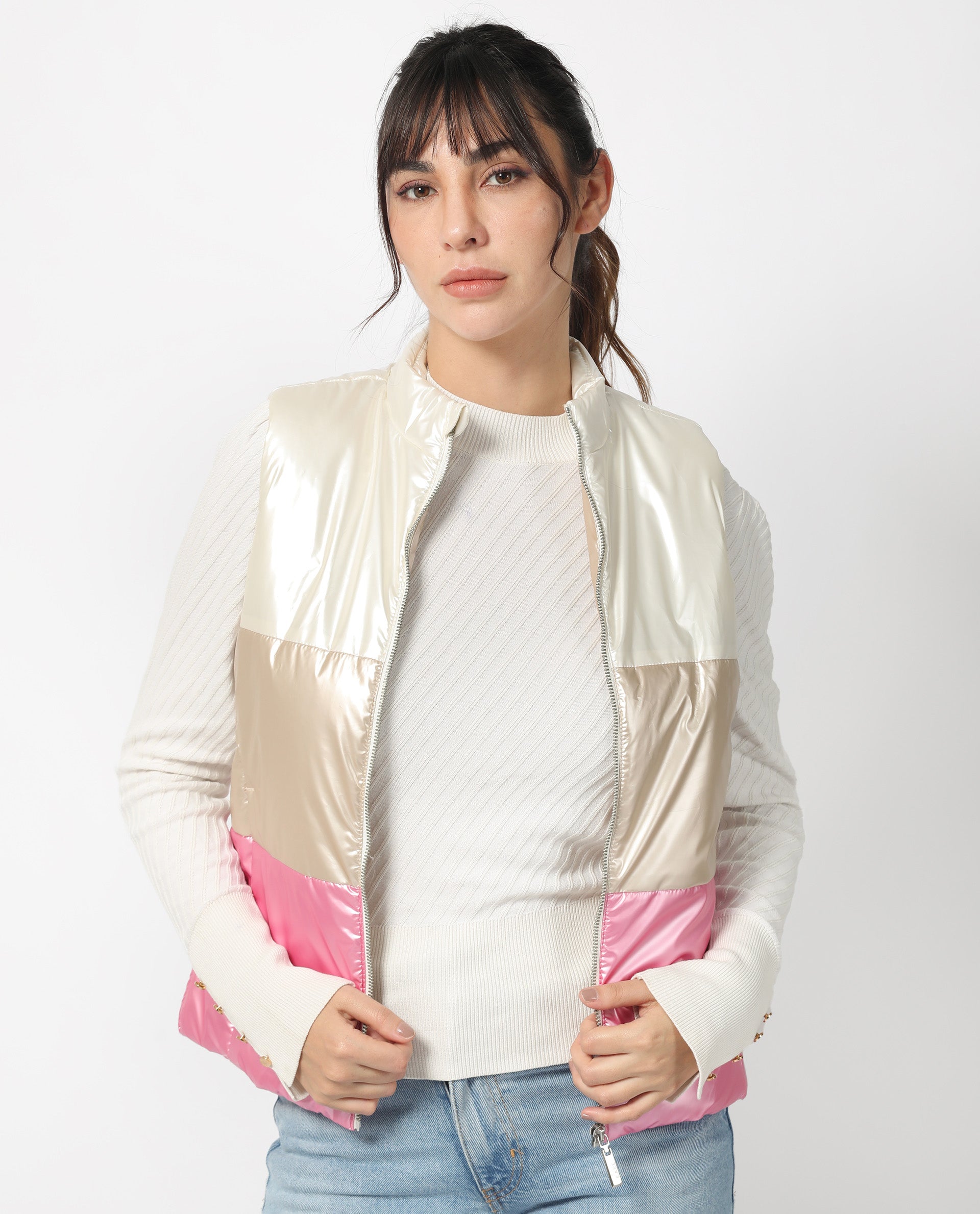 Rareism Women's Sophia White Polyester High Neck Color Block Sleeveless Regular Fit Jacket
