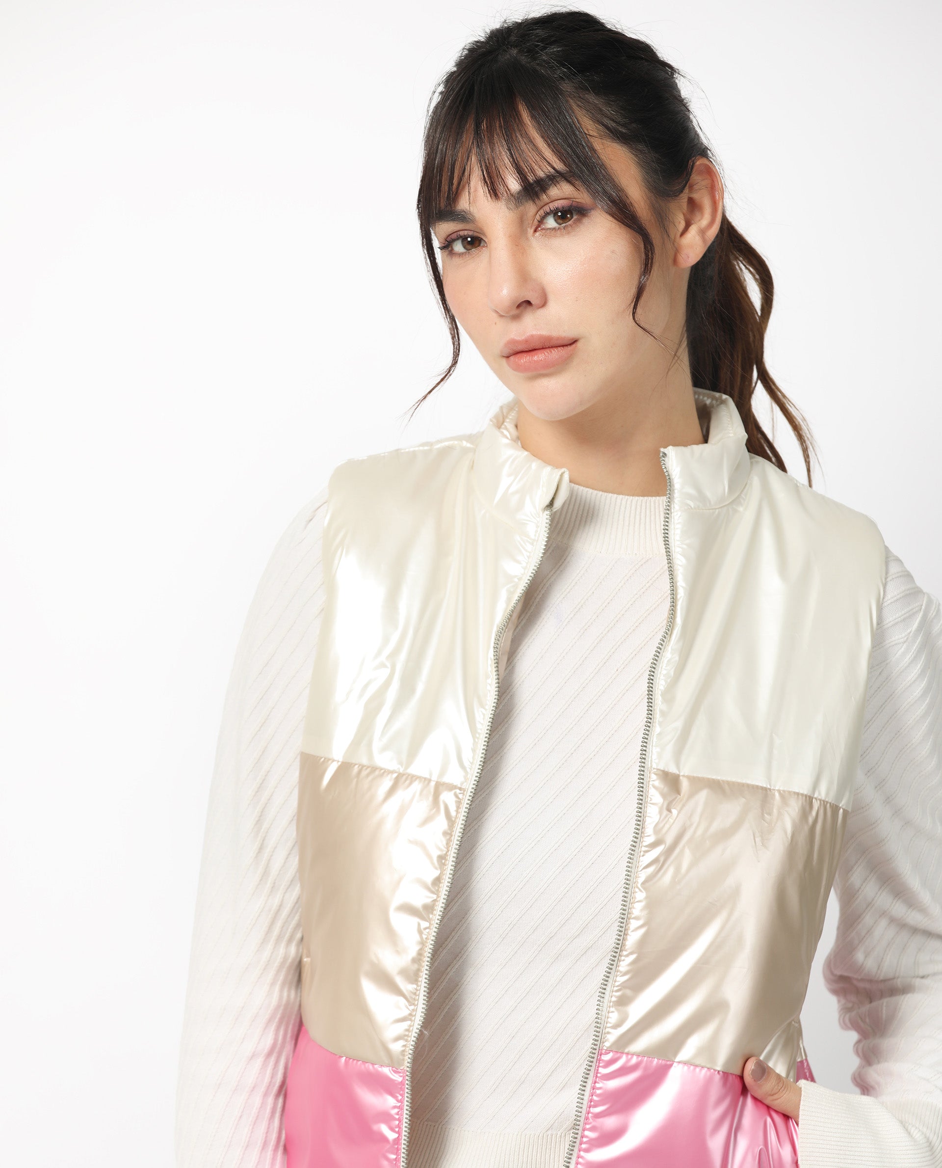 Rareism Women Sophia White Polyester Fabric Sleeveless Solid High Neck Jacket