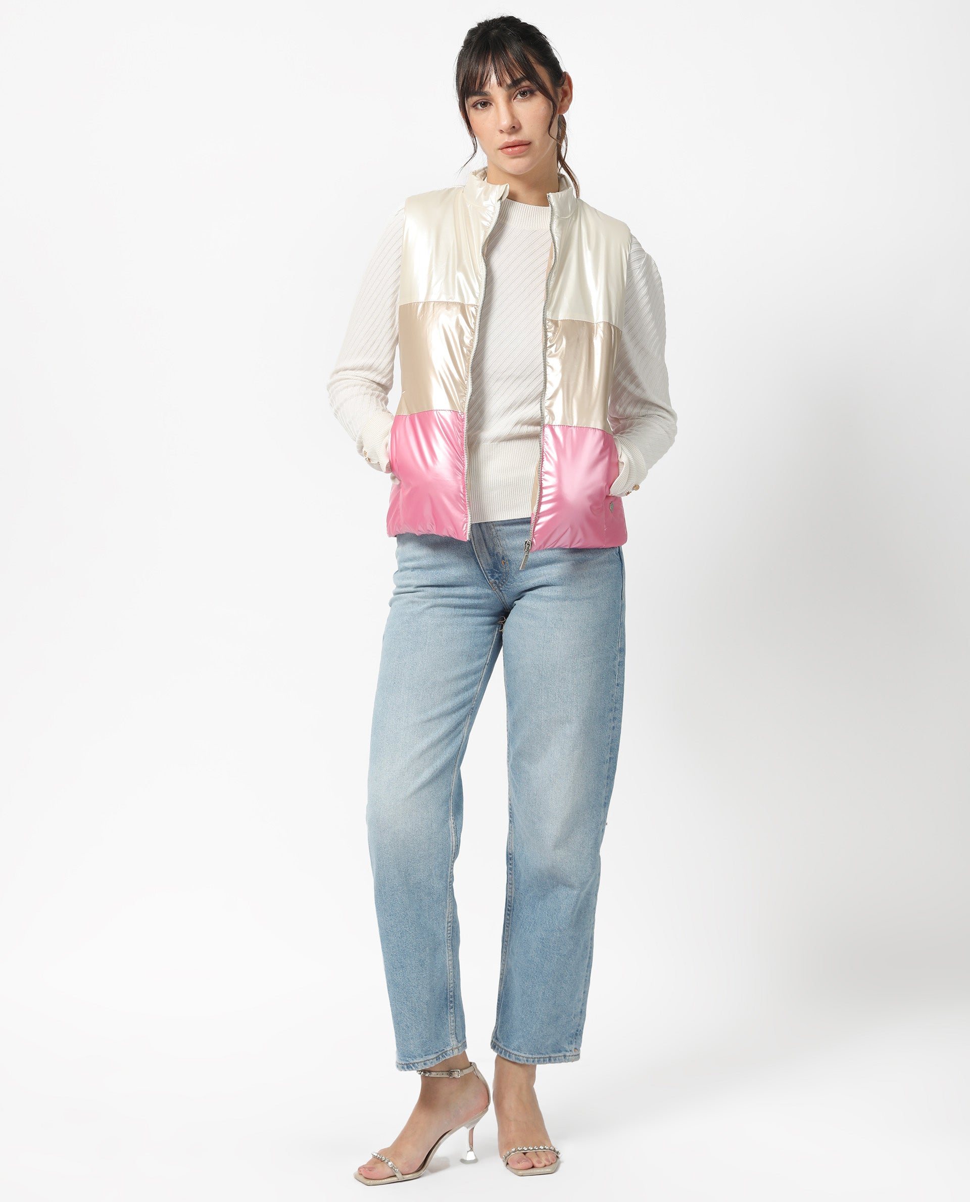 Rareism Women Sophia White Polyester Fabric Sleeveless Solid High Neck Jacket