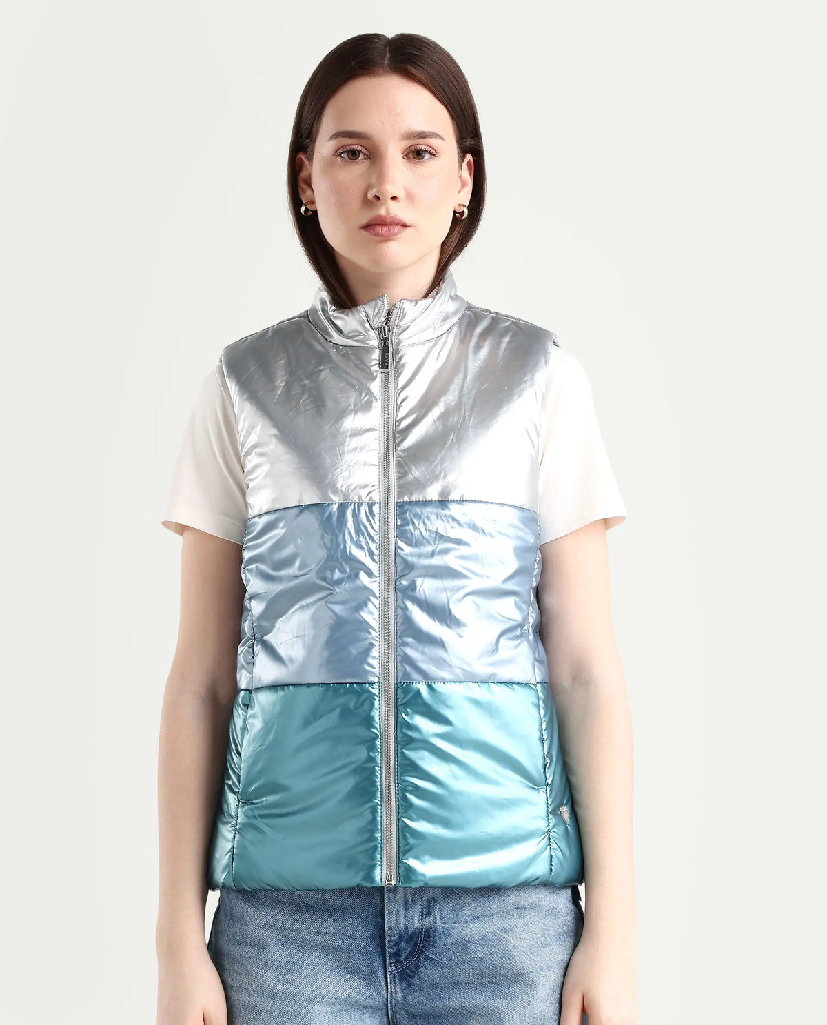 Rareism Women's Sophia Silver Polyester High Neck Color Block Sleeveless Regular Fit Jacket