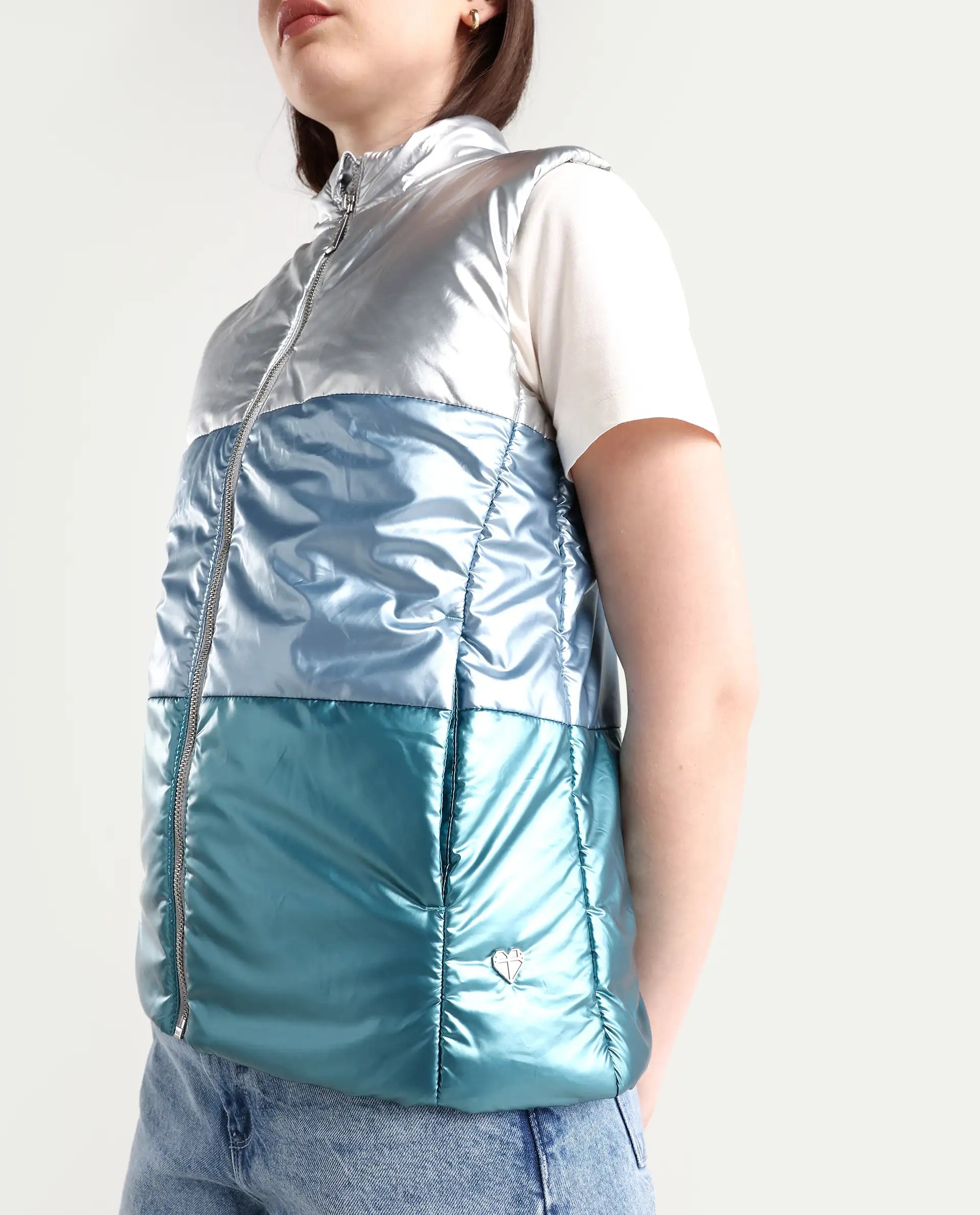 Rareism Women's Sophia Silver Polyester High Neck Color Block Sleeveless Regular Fit Jacket