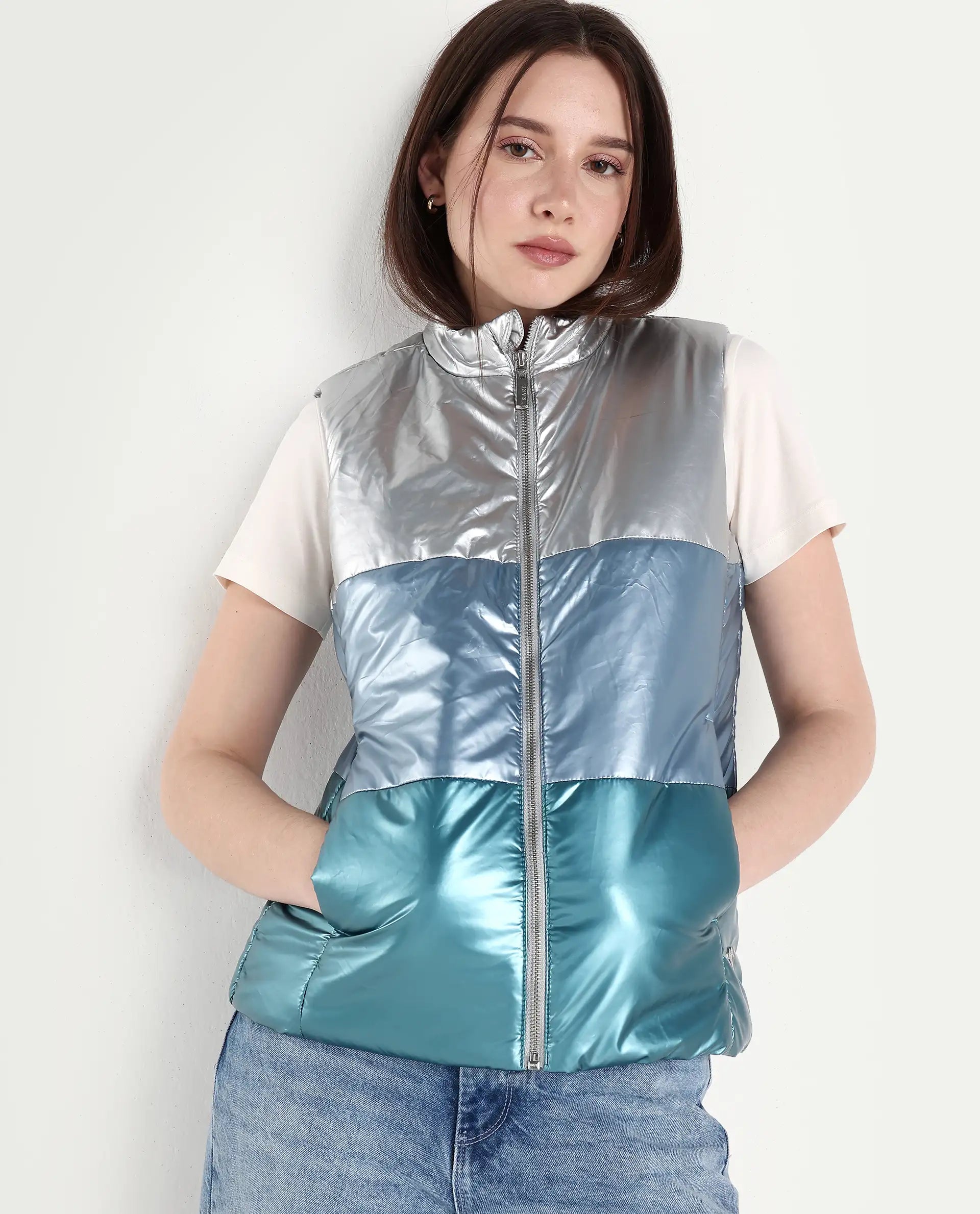 Rareism Women's Sophia Silver Polyester High Neck Color Block Sleeveless Regular Fit Jacket