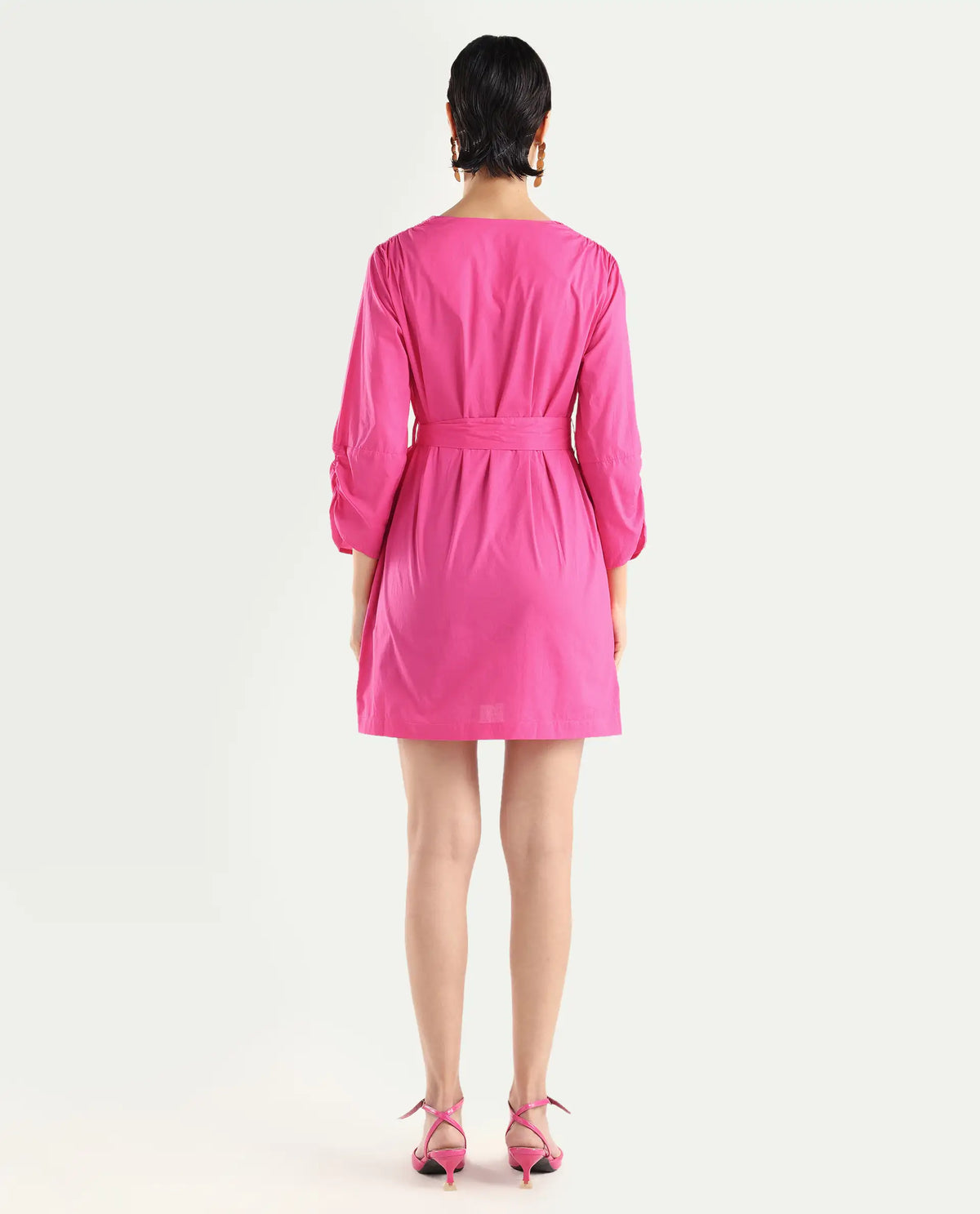 Rareism Women's Spate Pink Cotton V-Neck Plain Mini Regular Fit Dress
