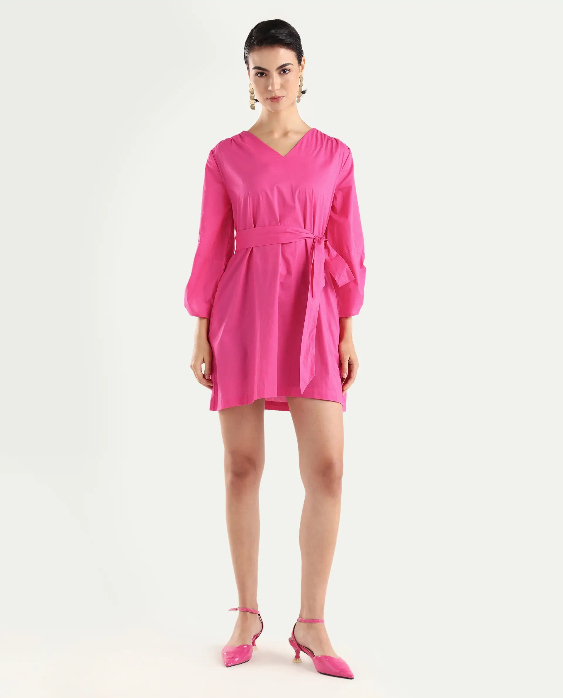 Rareism Women's Spate Pink Cotton V-Neck Plain Mini Regular Fit Dress