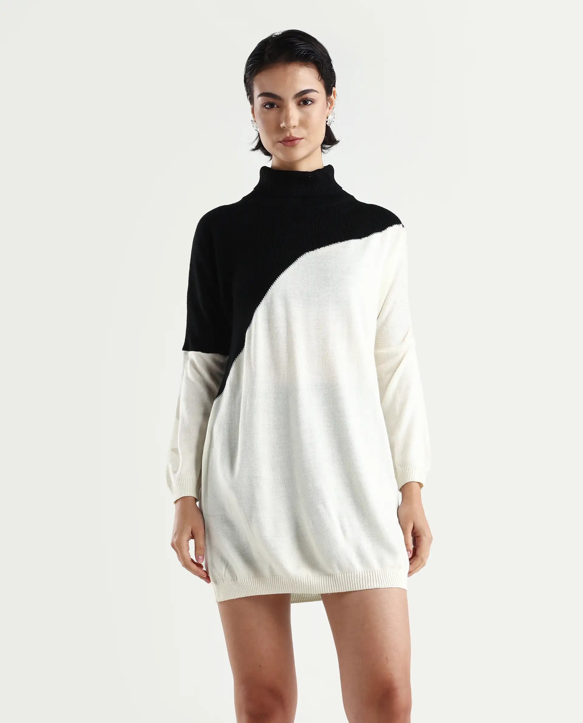 Rareism Women's Spaton 2 White Acrylic High Neck Color Block Knee Length Regular Fit Sweater