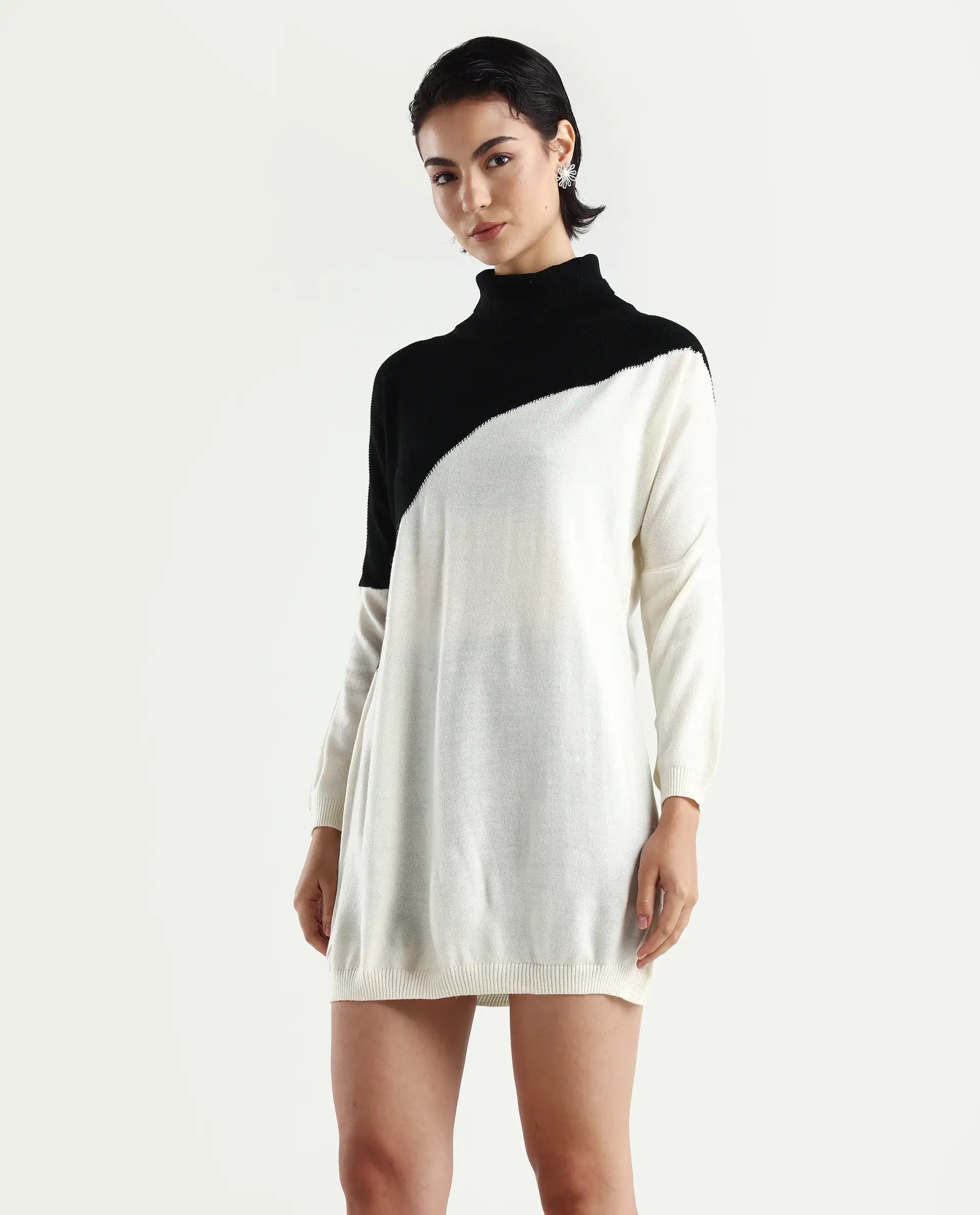 Rareism Women's Spaton 2 White Acrylic High Neck Color Block Knee Length Regular Fit Sweater