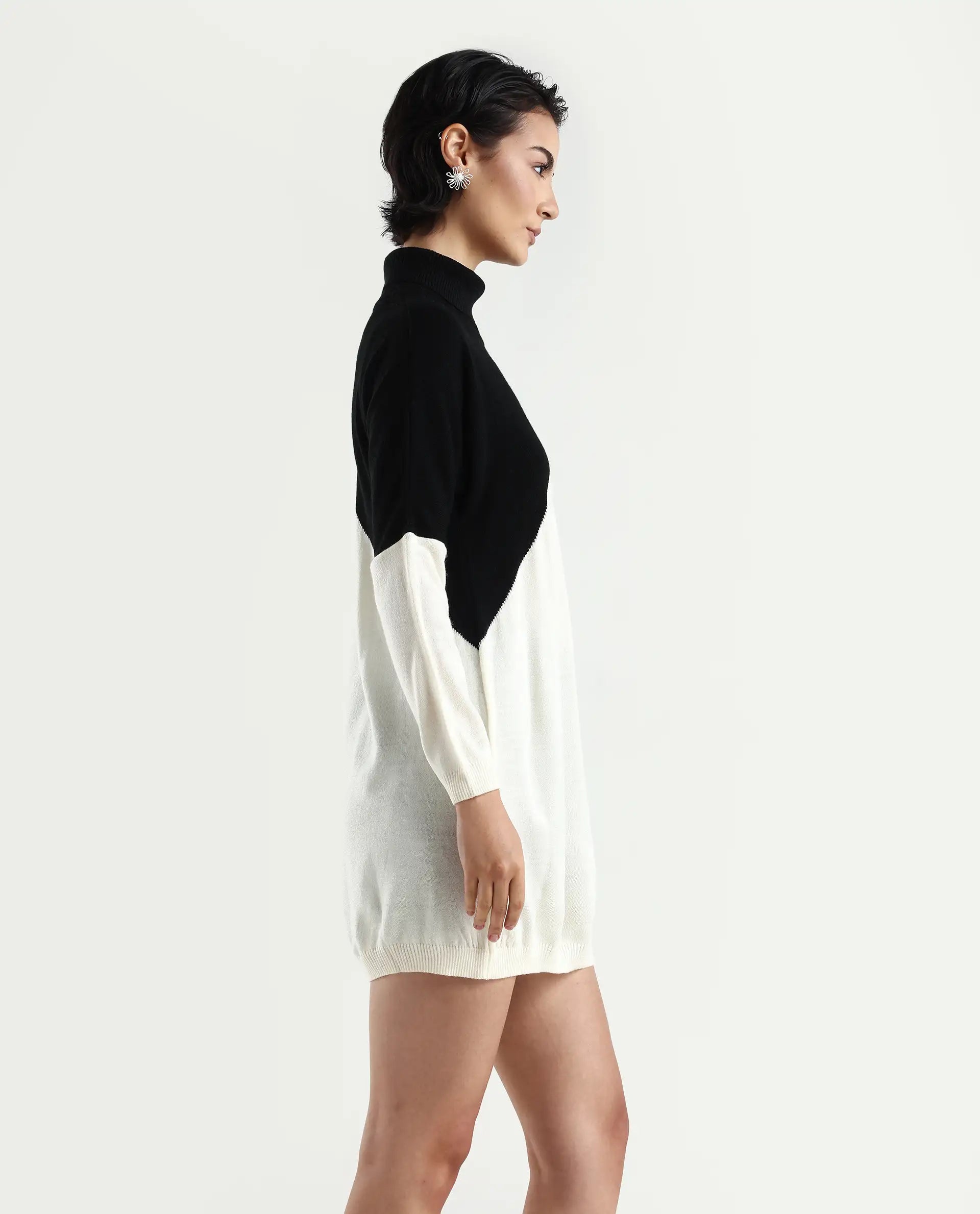 Rareism Women's Spaton 2 White Acrylic High Neck Color Block Knee Length Regular Fit Sweater