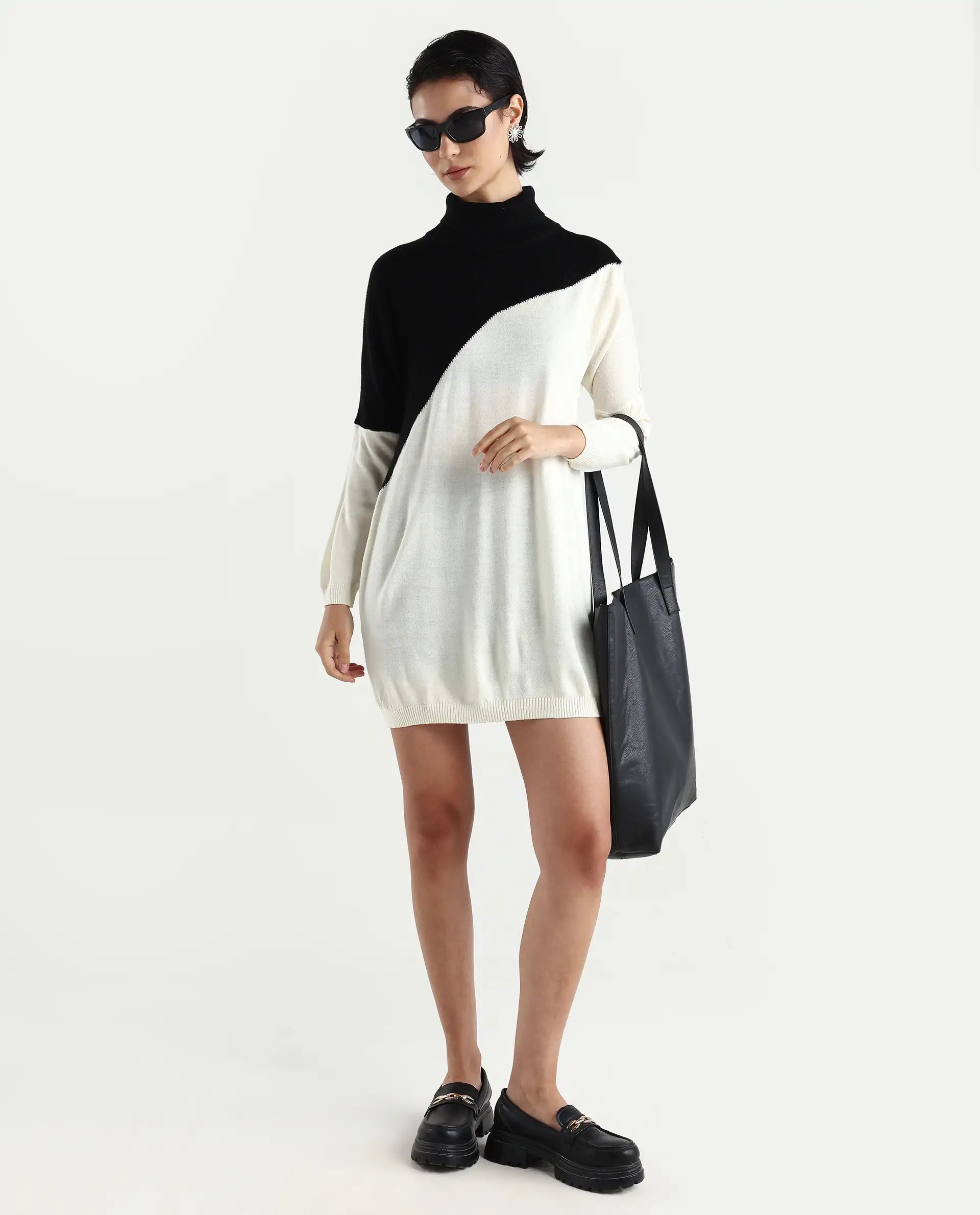 Rareism Women's Spaton 2 White Acrylic High Neck Color Block Knee Length Regular Fit Sweater