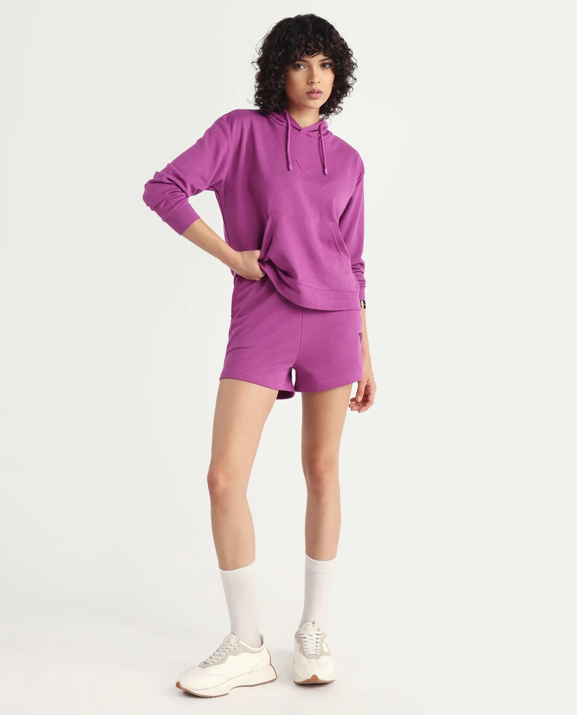 Rareism Women's Spence-1 Purple Polyester Blend Plain Mini Regular Fit Shorts