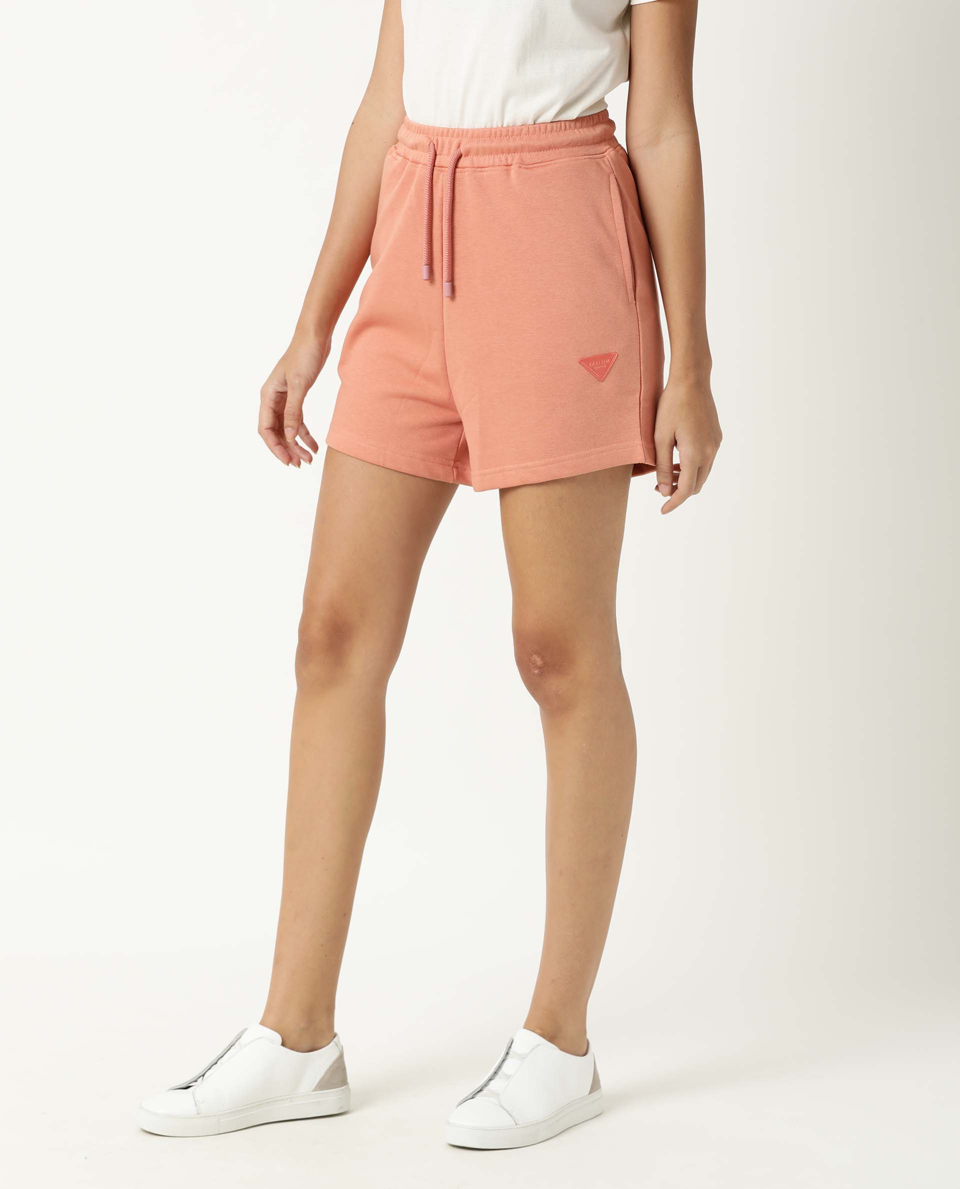 Rareism Women Spence Orange Poly Cotton Fabric Regular Fit Solid Mid Rise Shorts