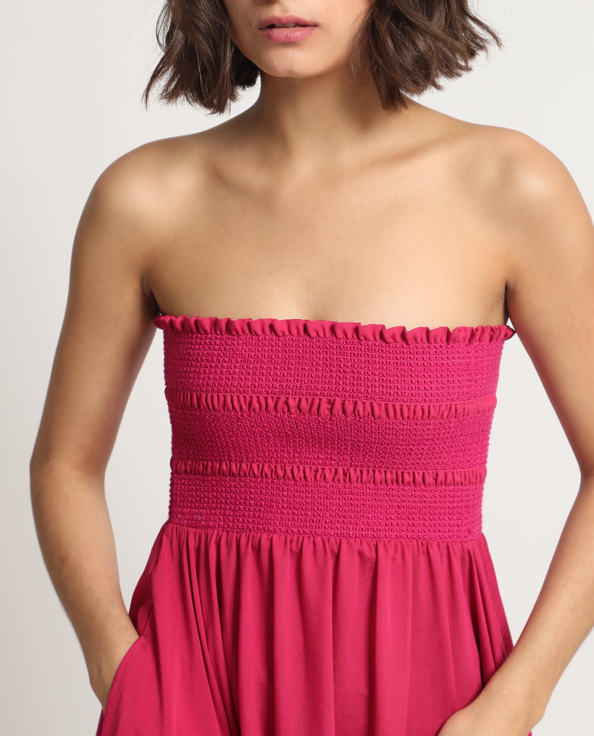 Rareism Women Sperb Dark Pink Viscose Nylon Fabric Sleeveless Tube Neck Shoulder Straps Fit And Flare Plain Knee Length Empire Dress