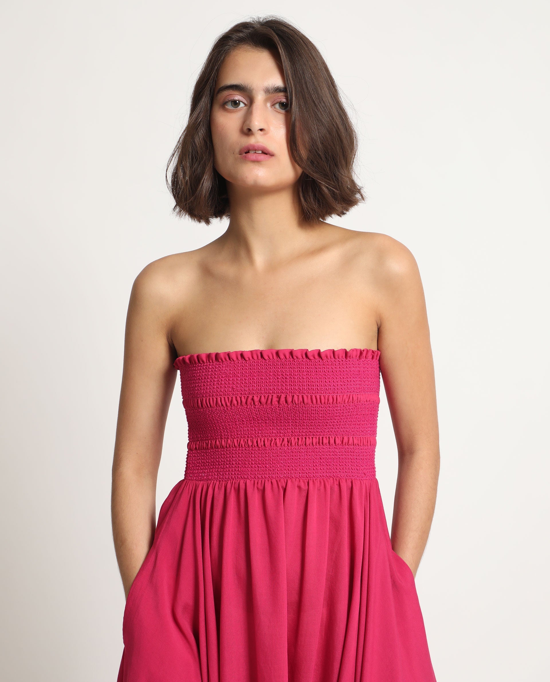Rareism Women Sperb Dark Pink Viscose Nylon Fabric Sleeveless Tube Neck Shoulder Straps Fit And Flare Plain Knee Length Empire Dress