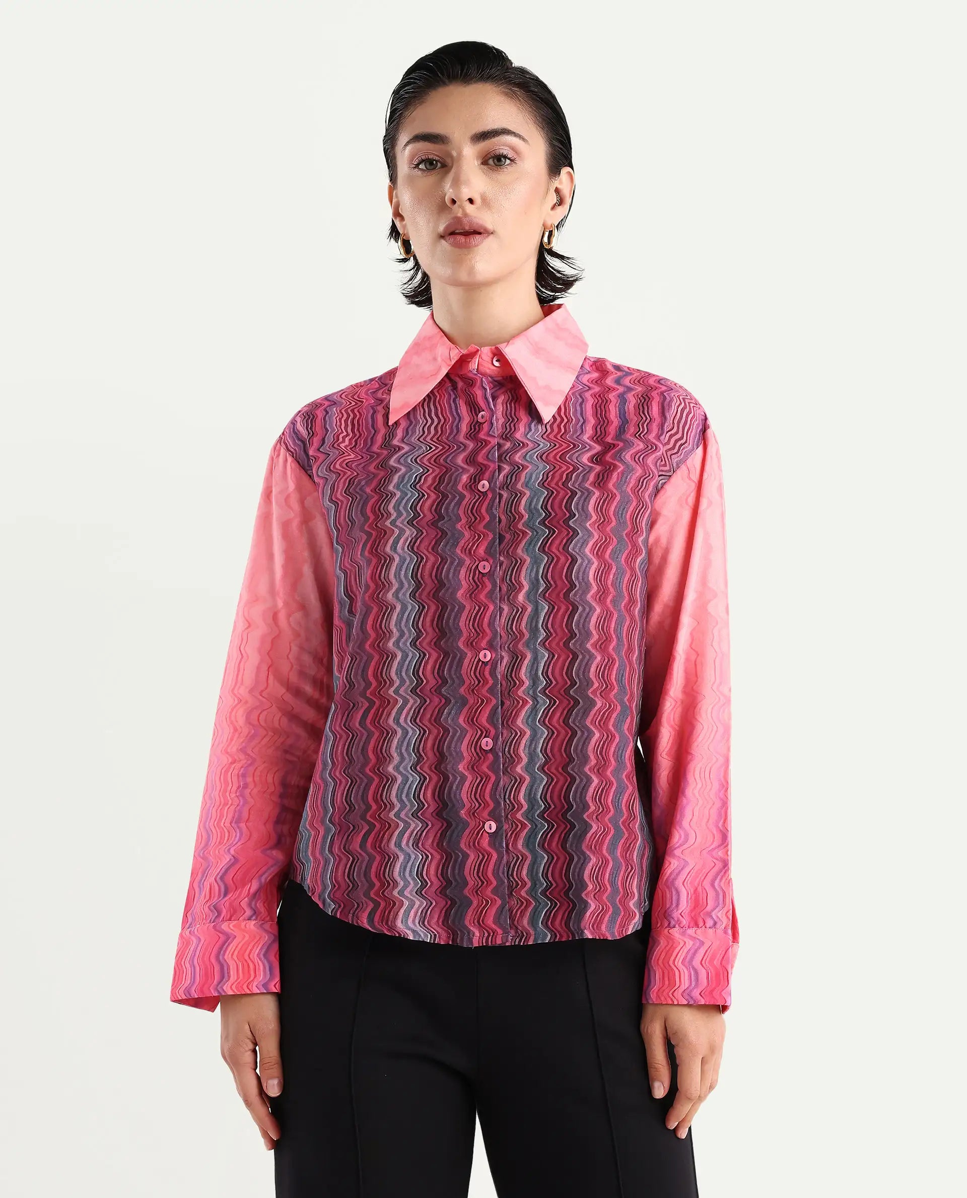 Rareism Women's Spezia Multi Cotton Drop Collar Abstract Print Cuffed Sleeve Regular Fit Shirt