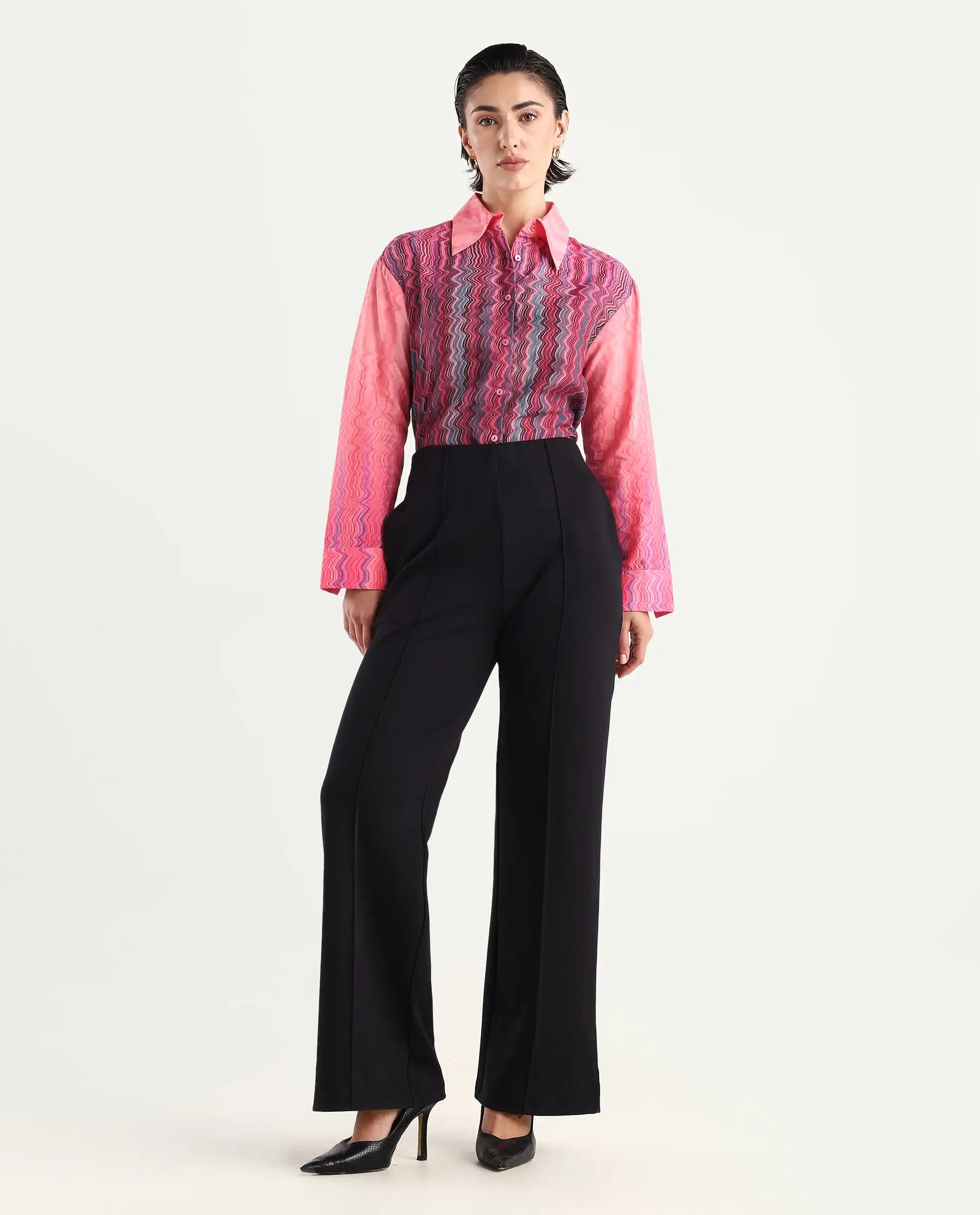 Rareism Women's Spezia Multi Cotton Drop Collar Abstract Print Cuffed Sleeve Regular Fit Shirt