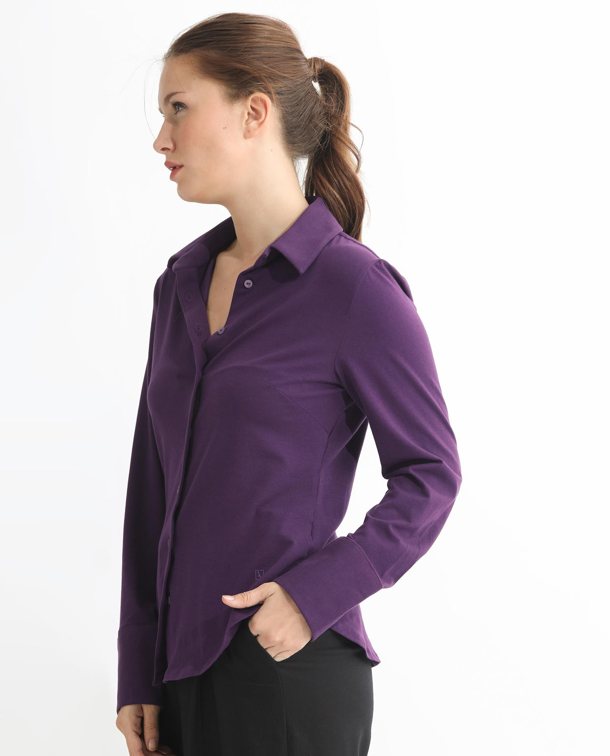 Rareism Women Spie Dark Purple Regular Sleeve Shirt Collar Solid Shirt