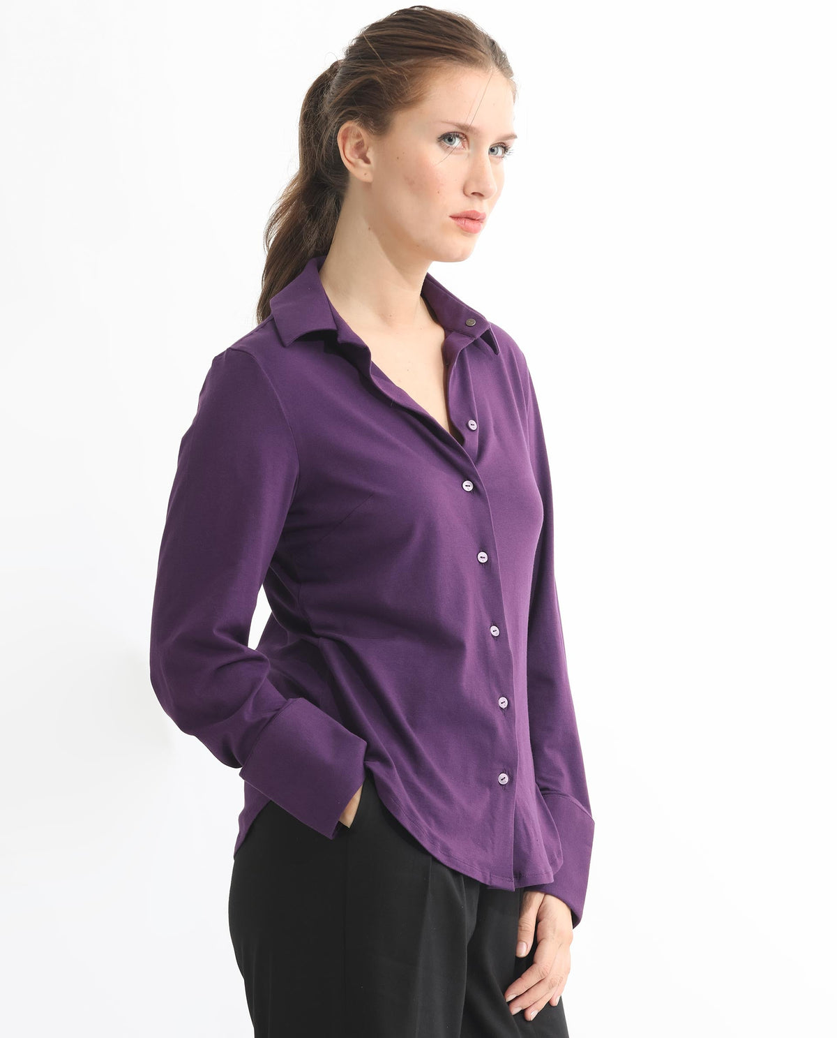 Rareism Women Spie Dark Purple Regular Sleeve Shirt Collar Solid Shirt