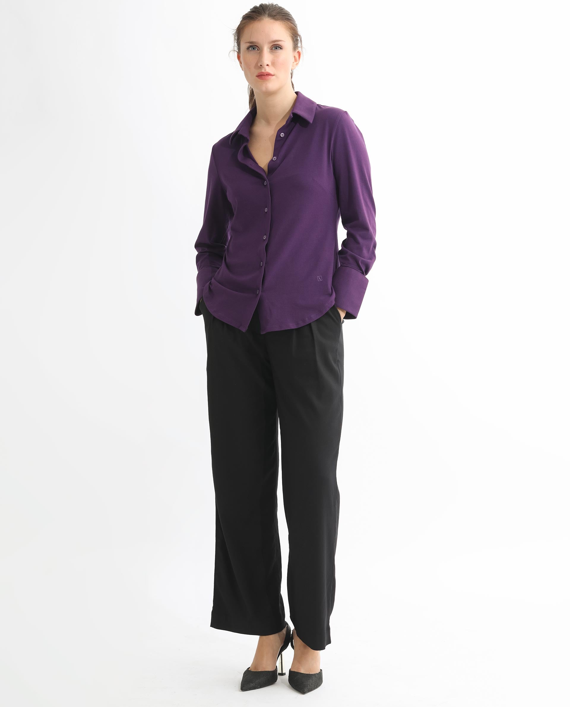Rareism Women Spie Dark Purple Regular Sleeve Shirt Collar Solid Shirt