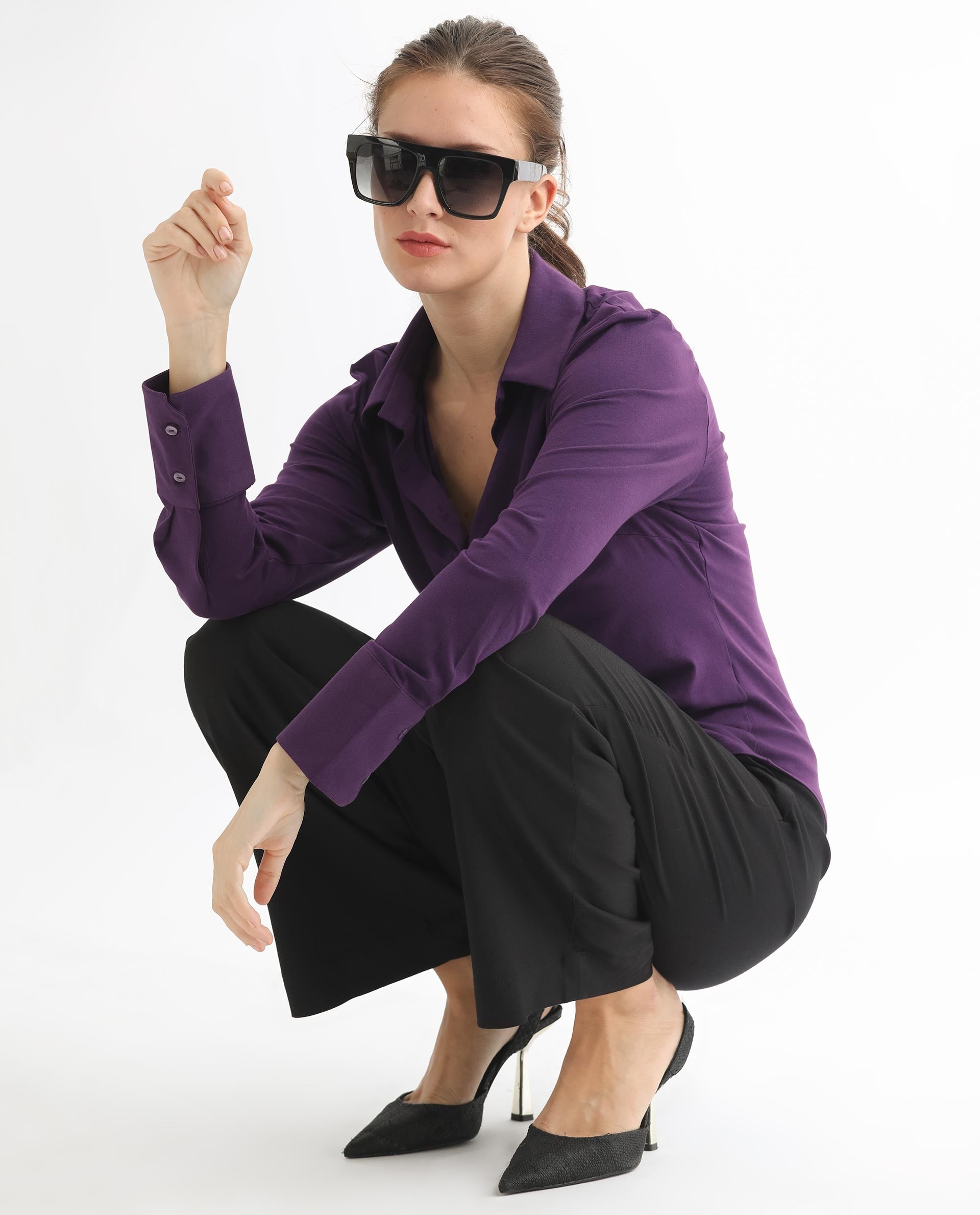 Rareism Women Spie Dark Purple Regular Sleeve Shirt Collar Solid Shirt
