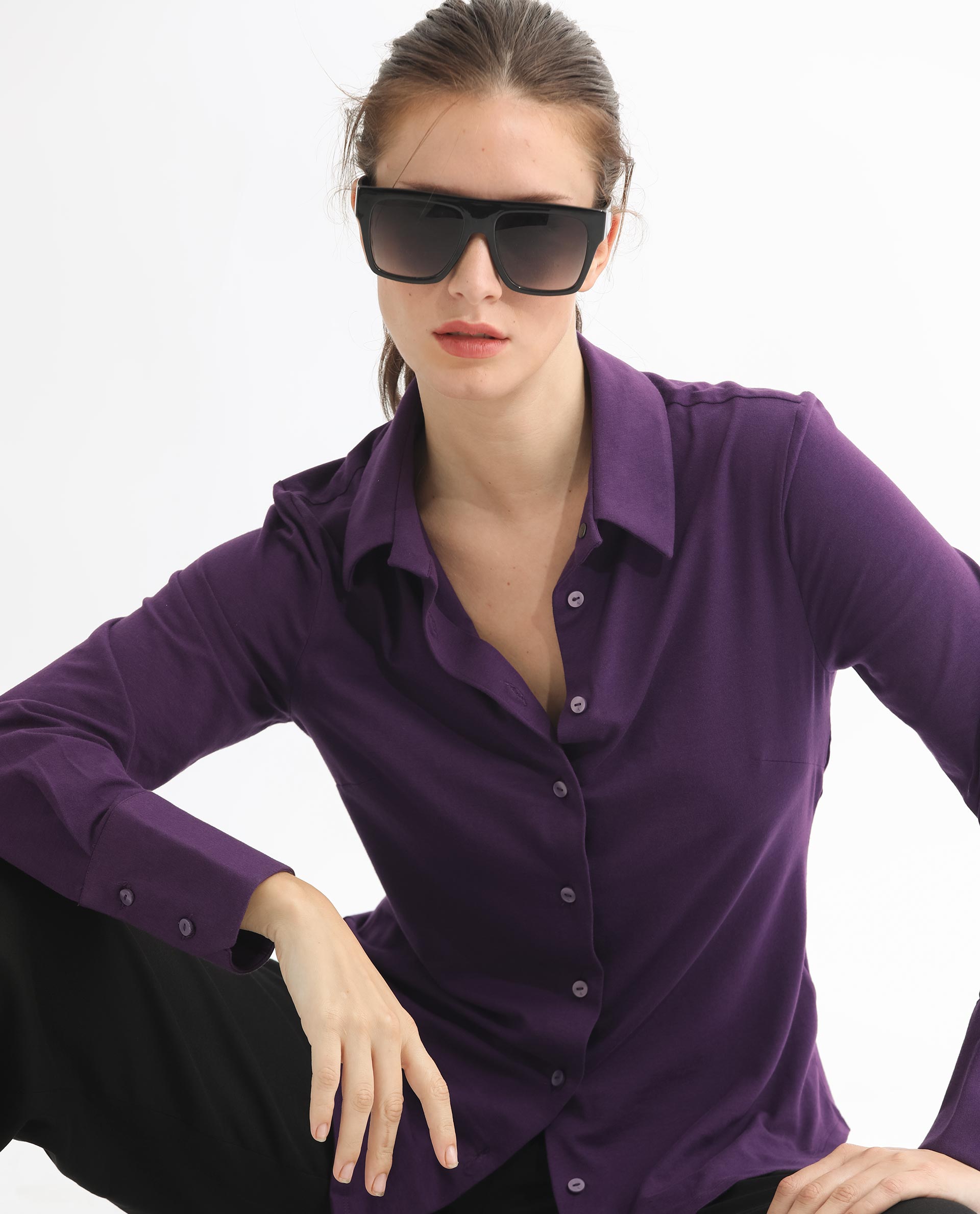 Rareism Women Spie Dark Purple Regular Sleeve Shirt Collar Solid Shirt
