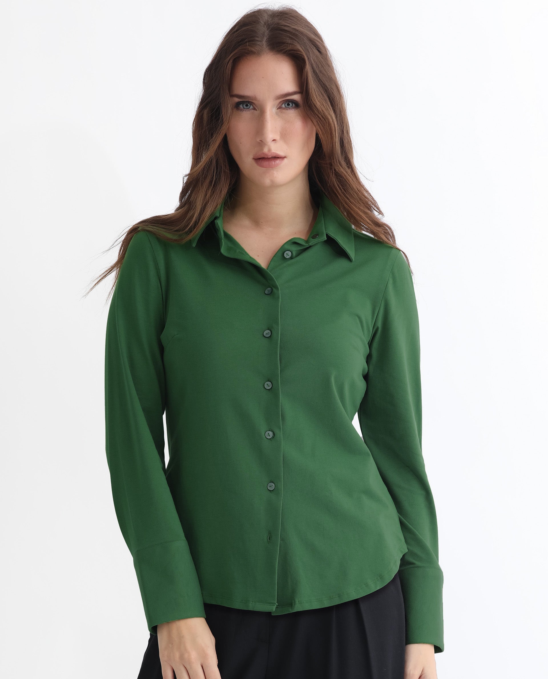 Rareism Women Spie Olive Regular Sleeve Shirt Collar Solid Shirt