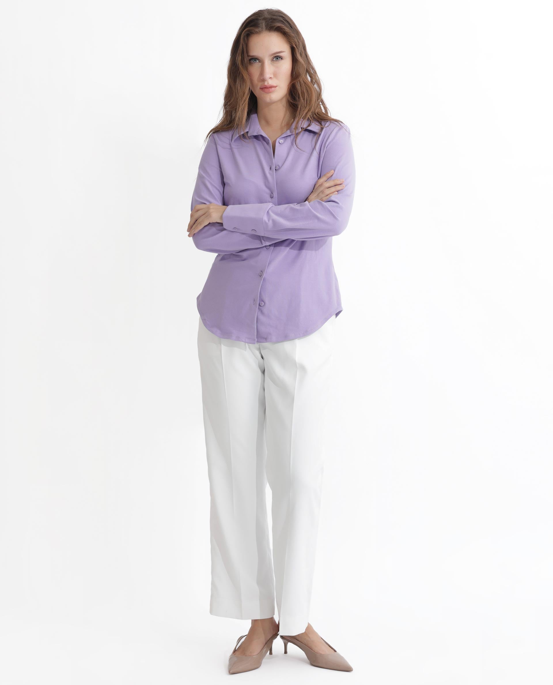 Rareism Women Spie Pastel Purple Regular Sleeve Shirt Collar Solid Shirt
