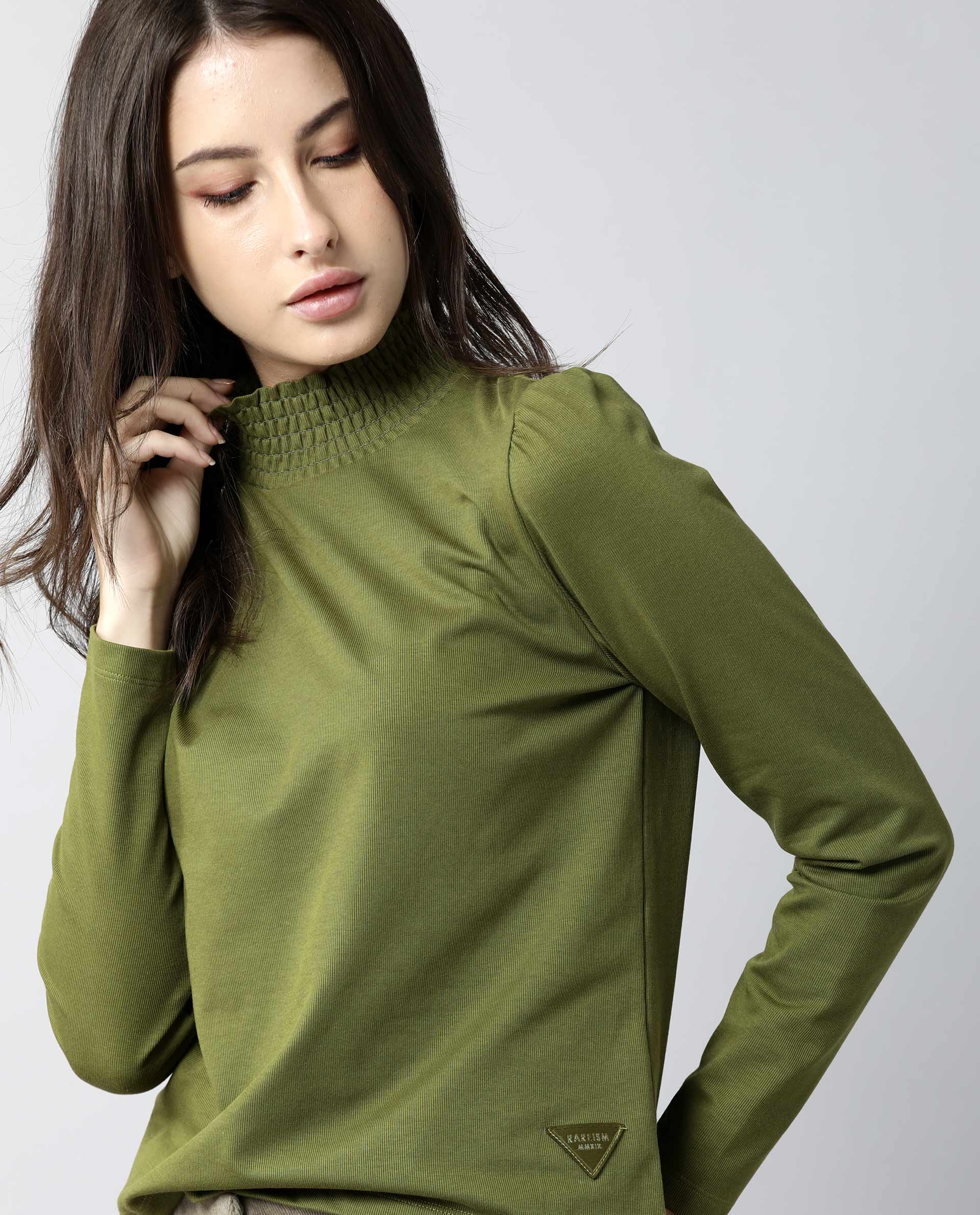 Rareism Women Spinny Olive T-Shirt Full Sleeves