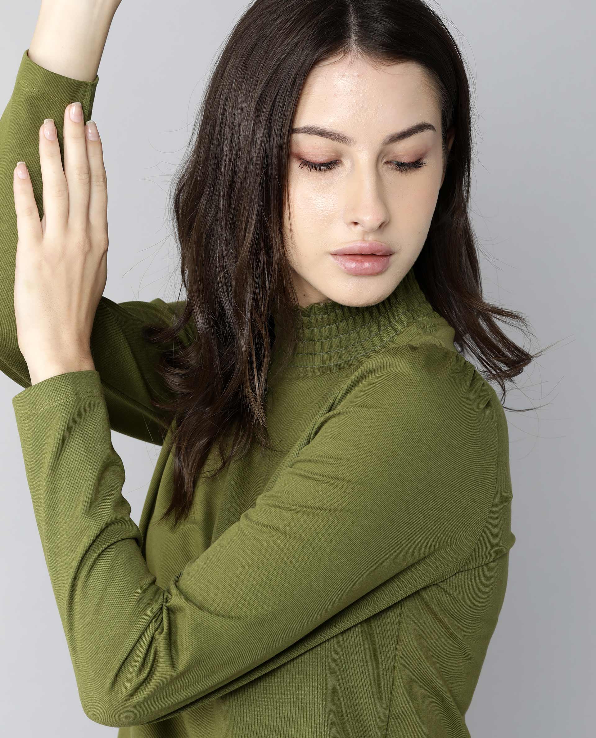 Rareism Women Spinny Olive T-Shirt Full Sleeves