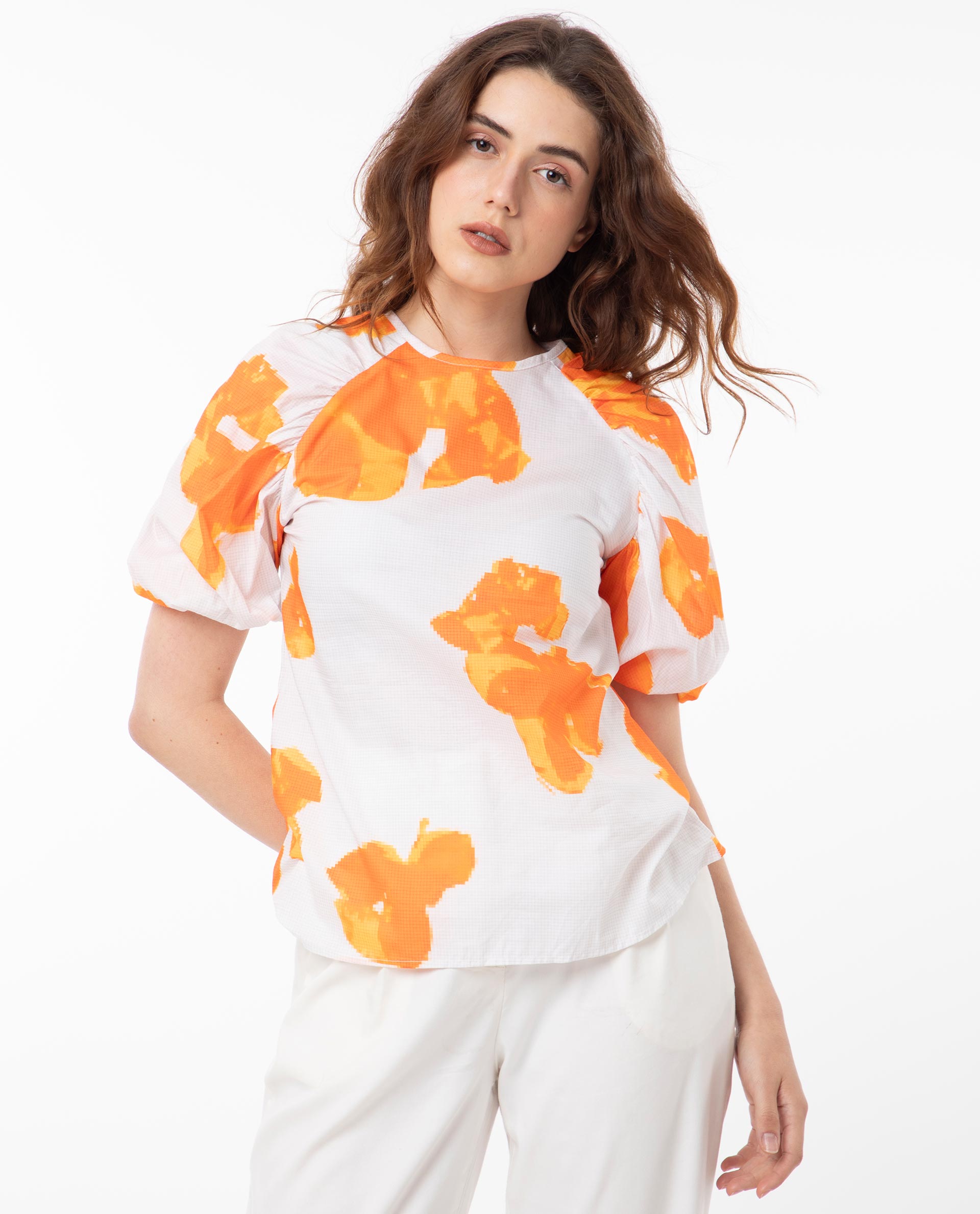 Rareism Women Sporn Orange Cotton Fabric Short Sleeves Button Closure Round Neck Puff Sleeve Regular Fit Floral Print Blouse Top