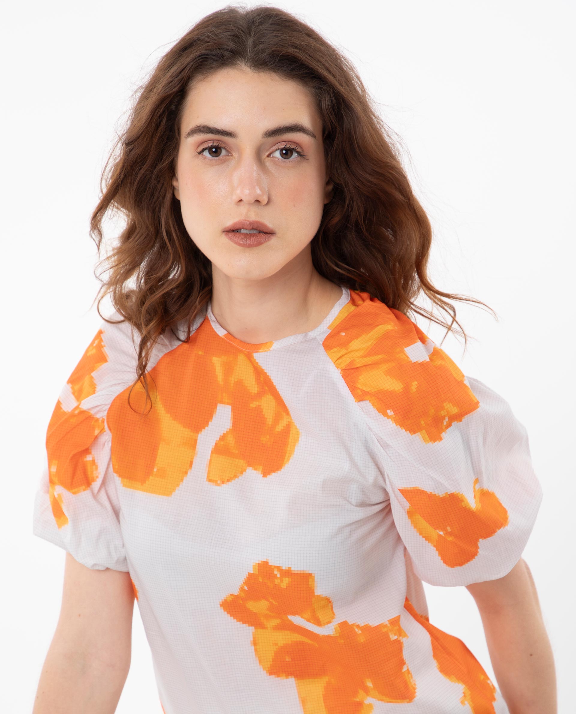 Rareism Women Sporn Orange Cotton Fabric Short Sleeves Button Closure Round Neck Puff Sleeve Regular Fit Floral Print Blouse Top