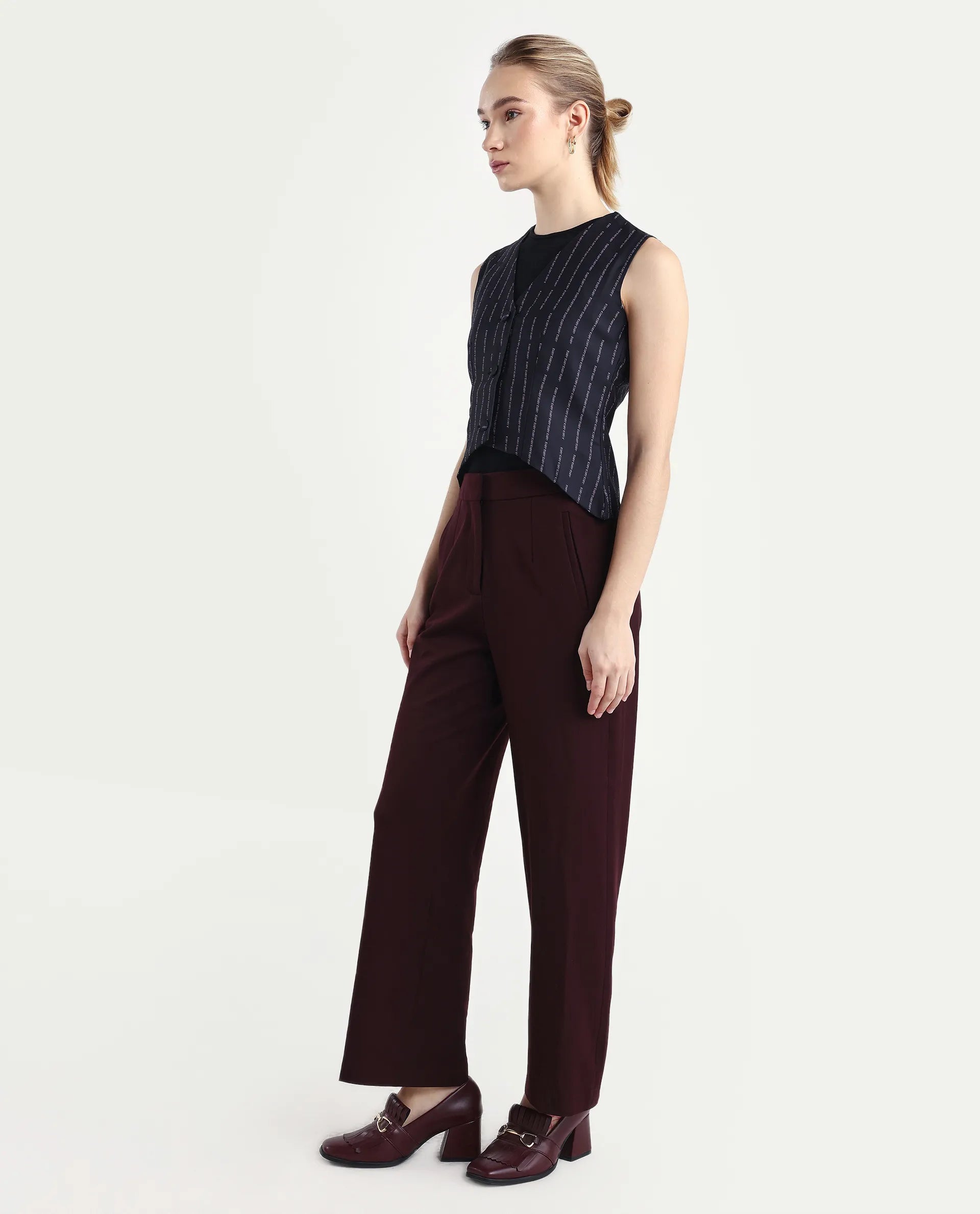 Rareism Women Srait Maroon Polyester Blend Button Closure Straight Fit Plain Travel Trouser