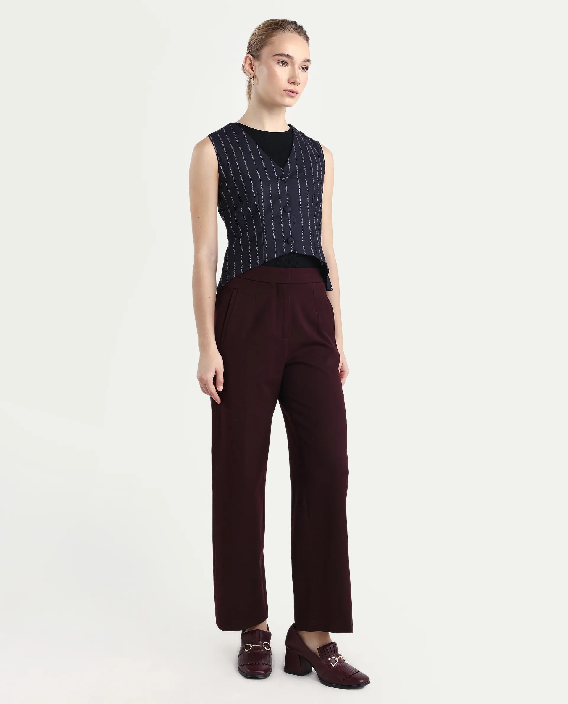 Rareism Women Srait Maroon Polyester Blend Button Closure Straight Fit Plain Travel Trouser