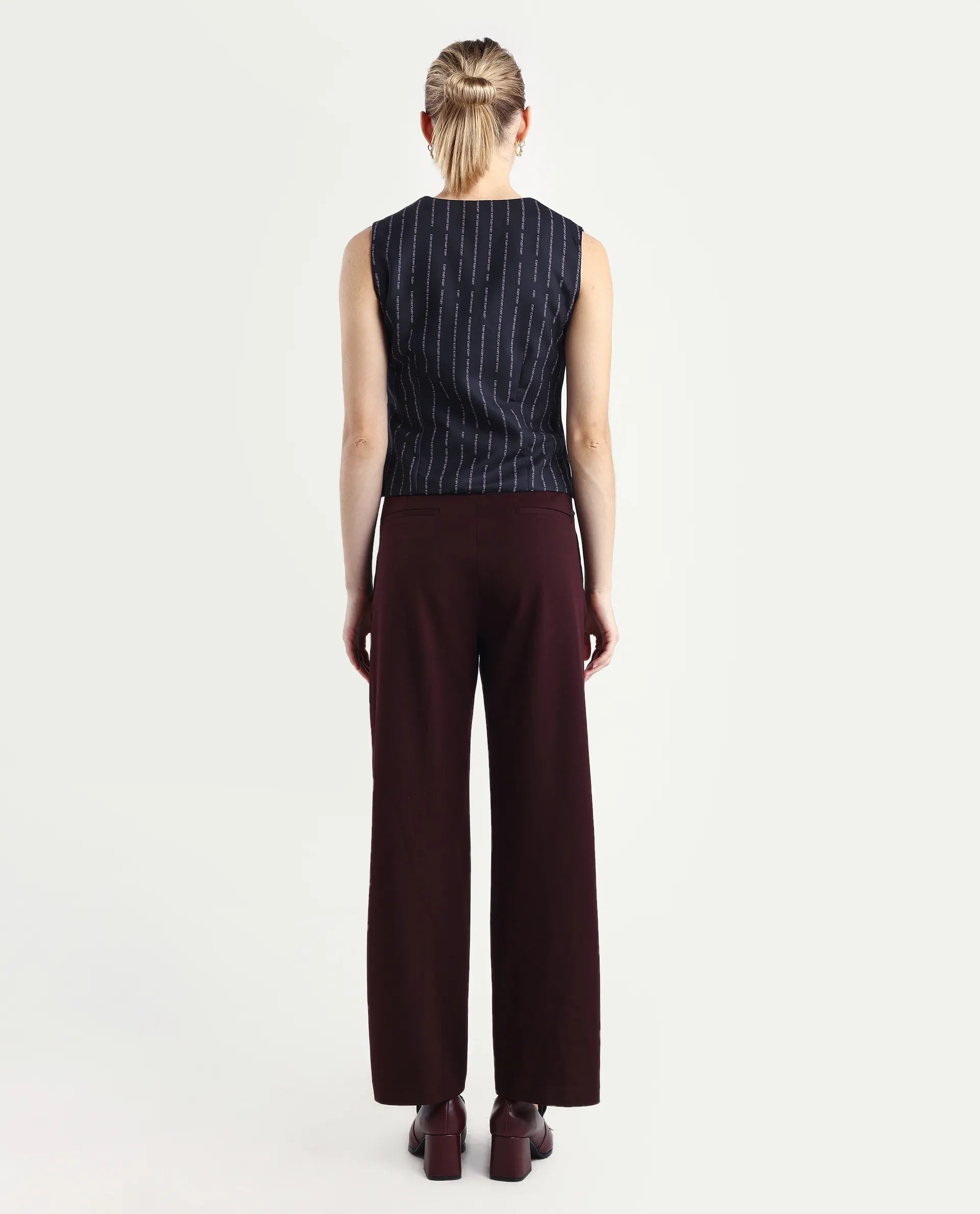 Rareism Women Srait Maroon Polyester Blend Button Closure Straight Fit Plain Travel Trouser