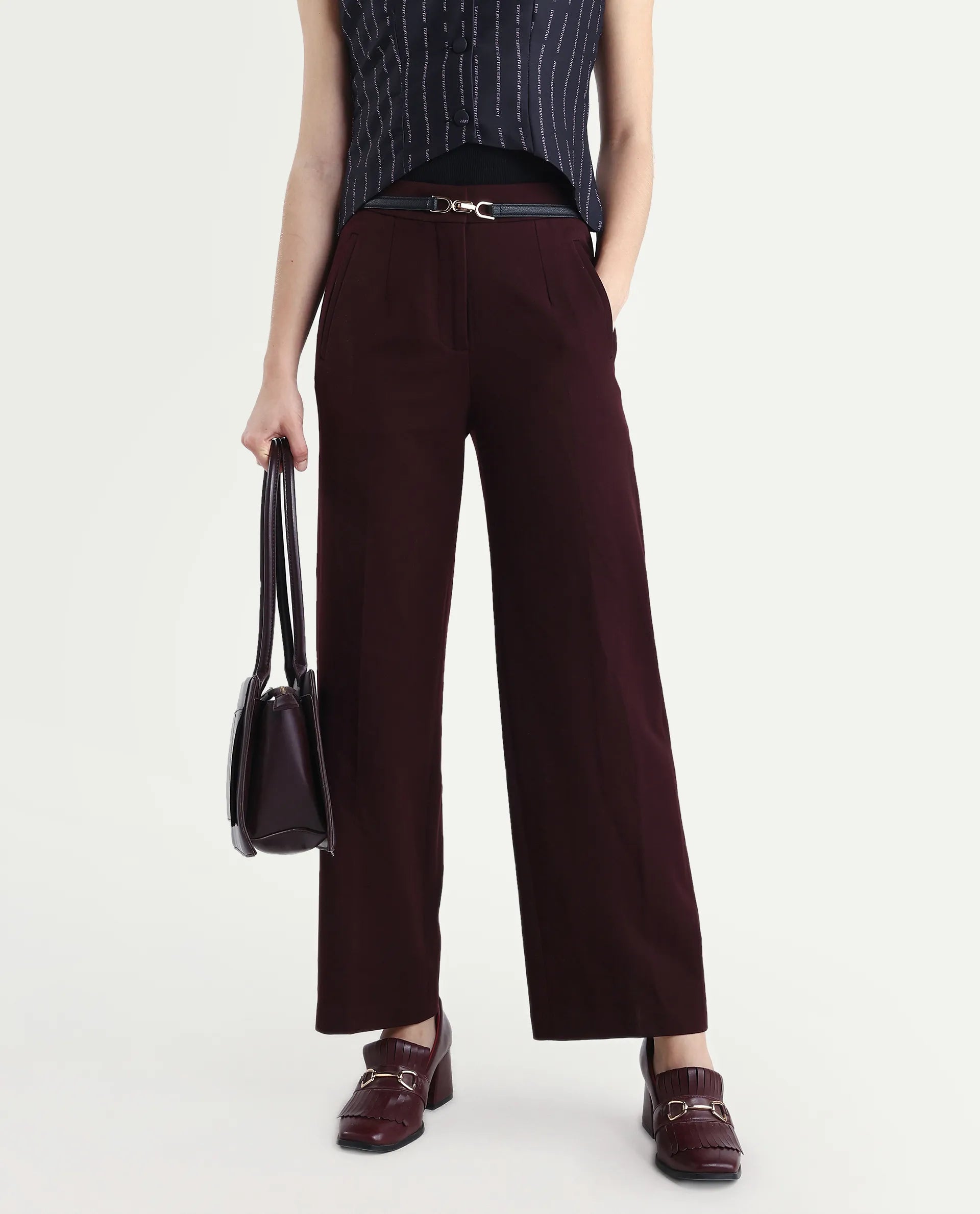 Rareism Women Srait Maroon Polyester Blend Button Closure Straight Fit Plain Travel Trouser
