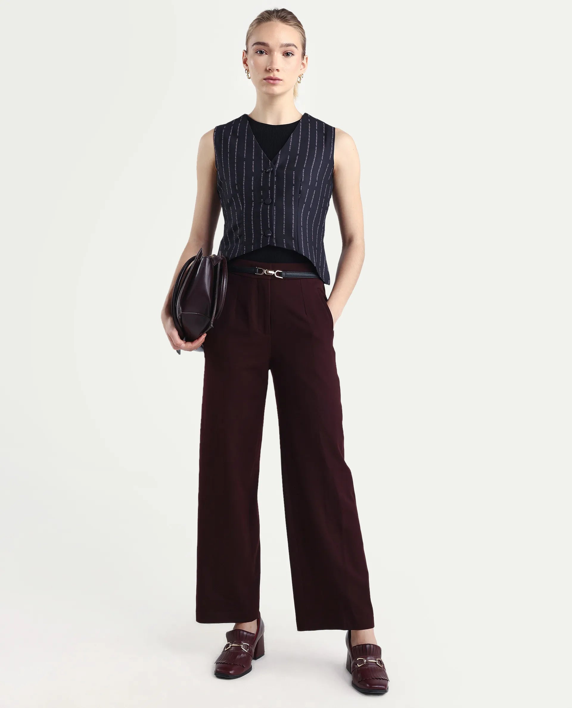 Rareism Women Srait Maroon Polyester Blend Button Closure Straight Fit Plain Travel Trouser