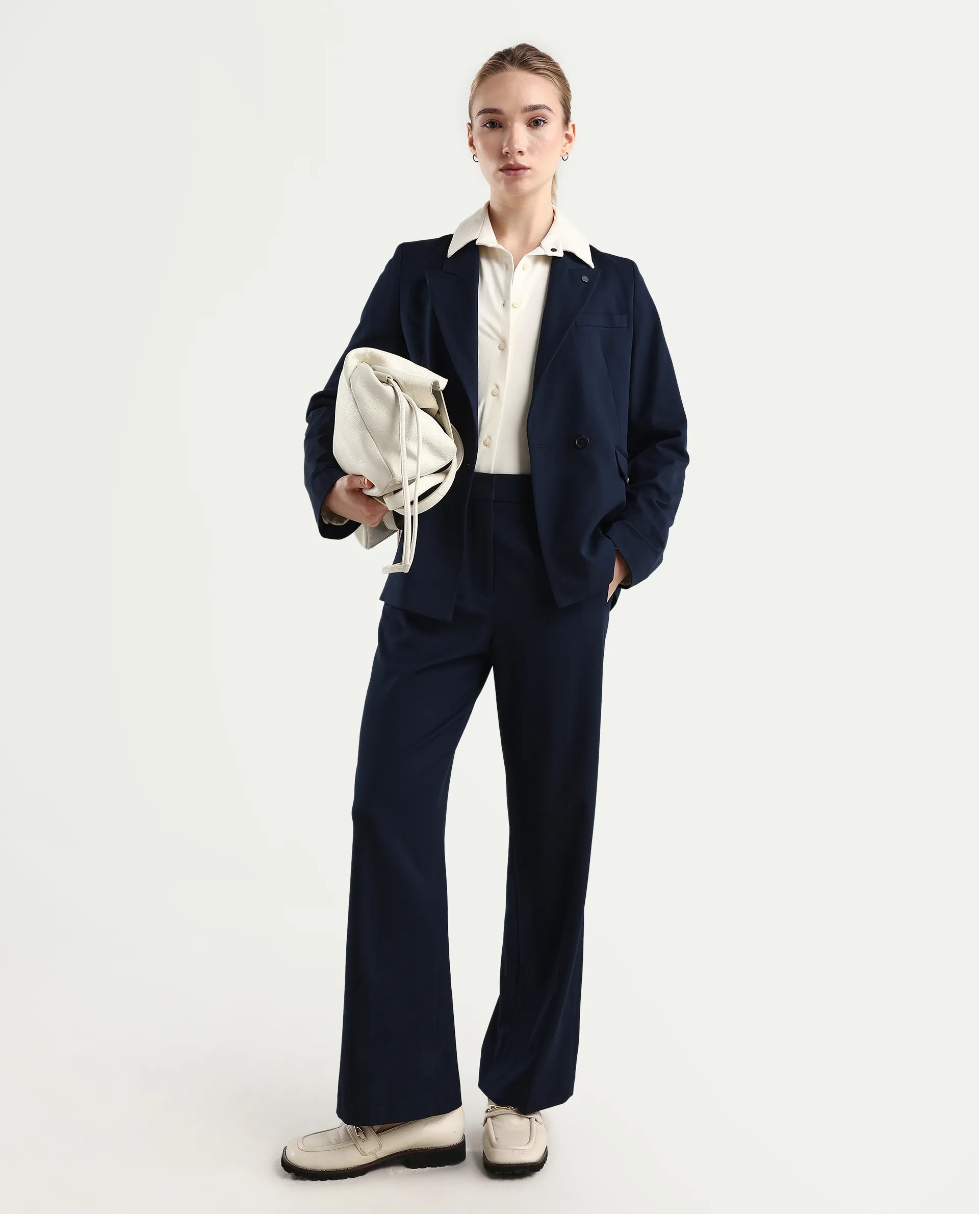 Rareism Women's Srait Navy Polyester Blend Straight Fit Travel Trouser