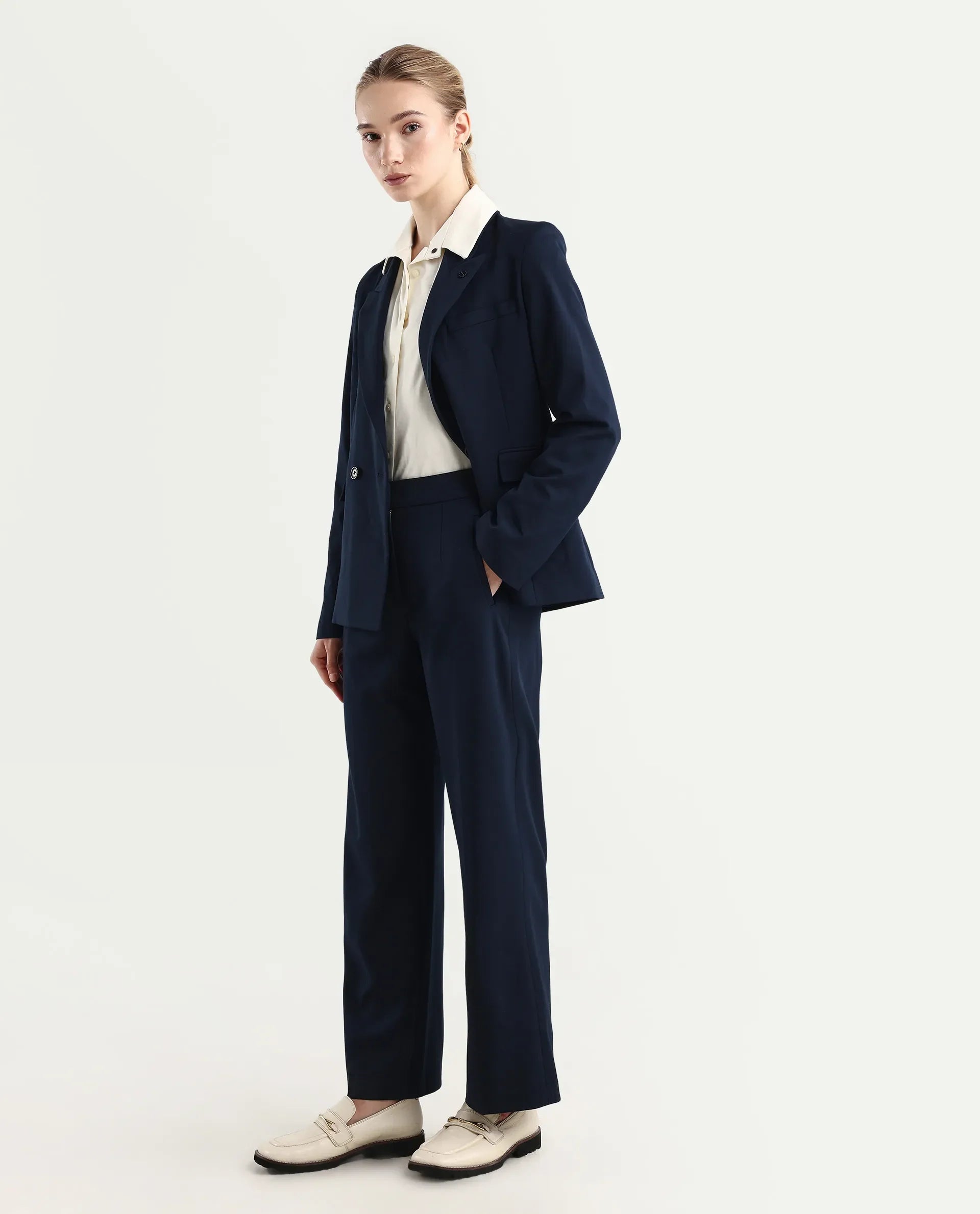 Rareism Women's Srait Navy Polyester Blend Straight Fit Travel Trouser