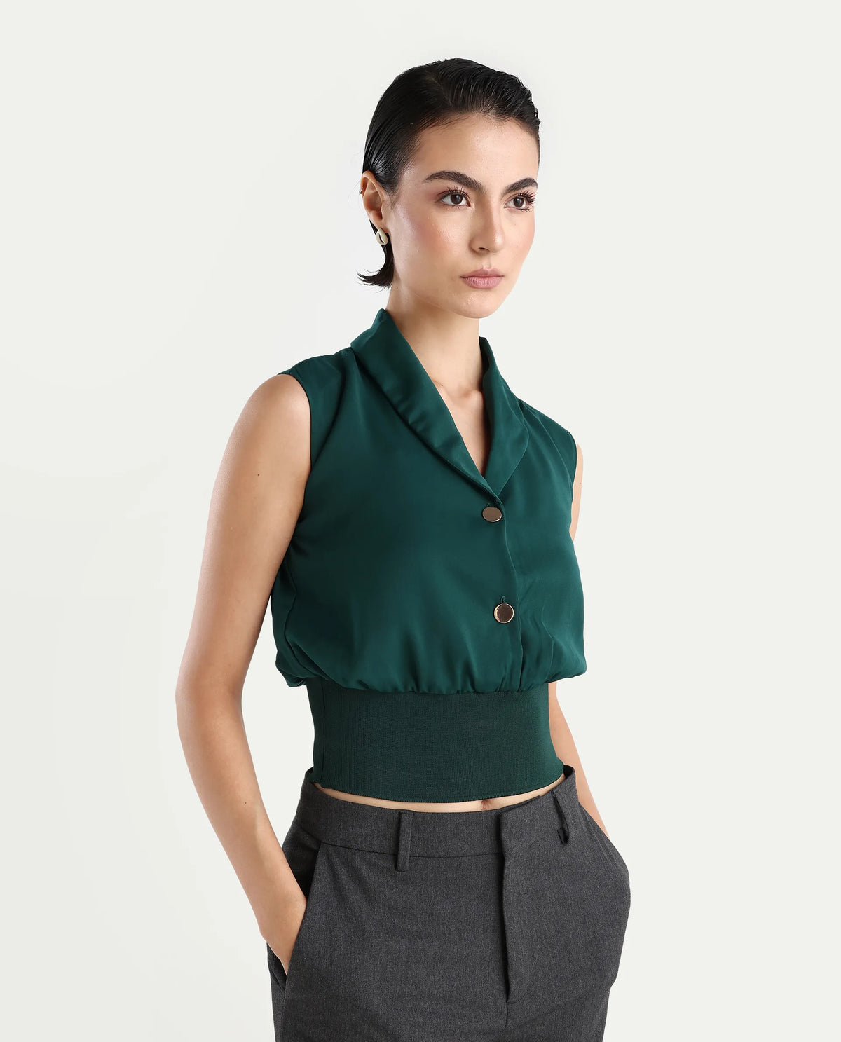 Rareism Women's Srat Green Satin Shawl Collar Plain Sleeveless Regular Fit Top