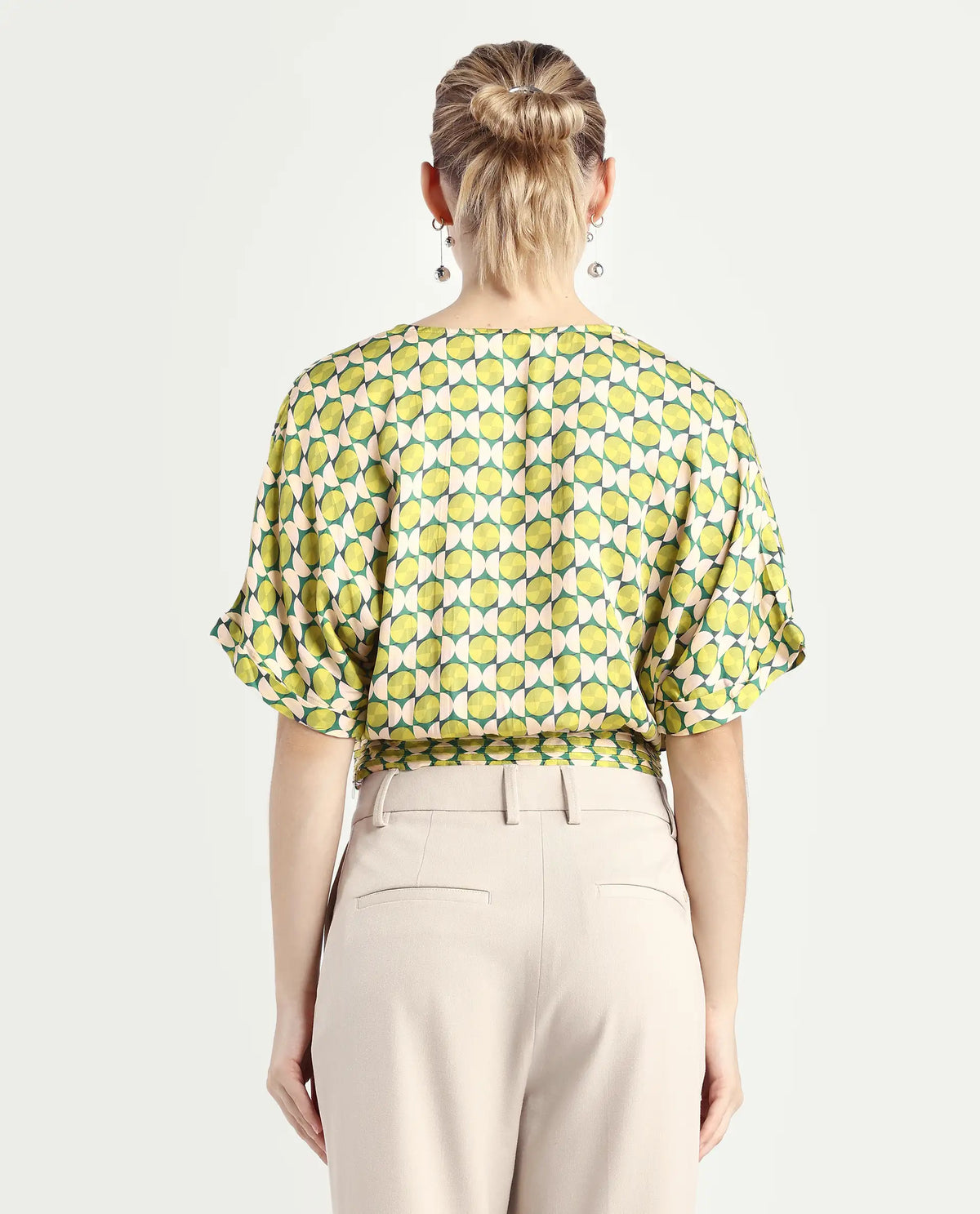 Rareism Women's Stabia Green Cotton Blend Overlap Neck Geometric Print Extended Sleeves Crop Regular Fit Top