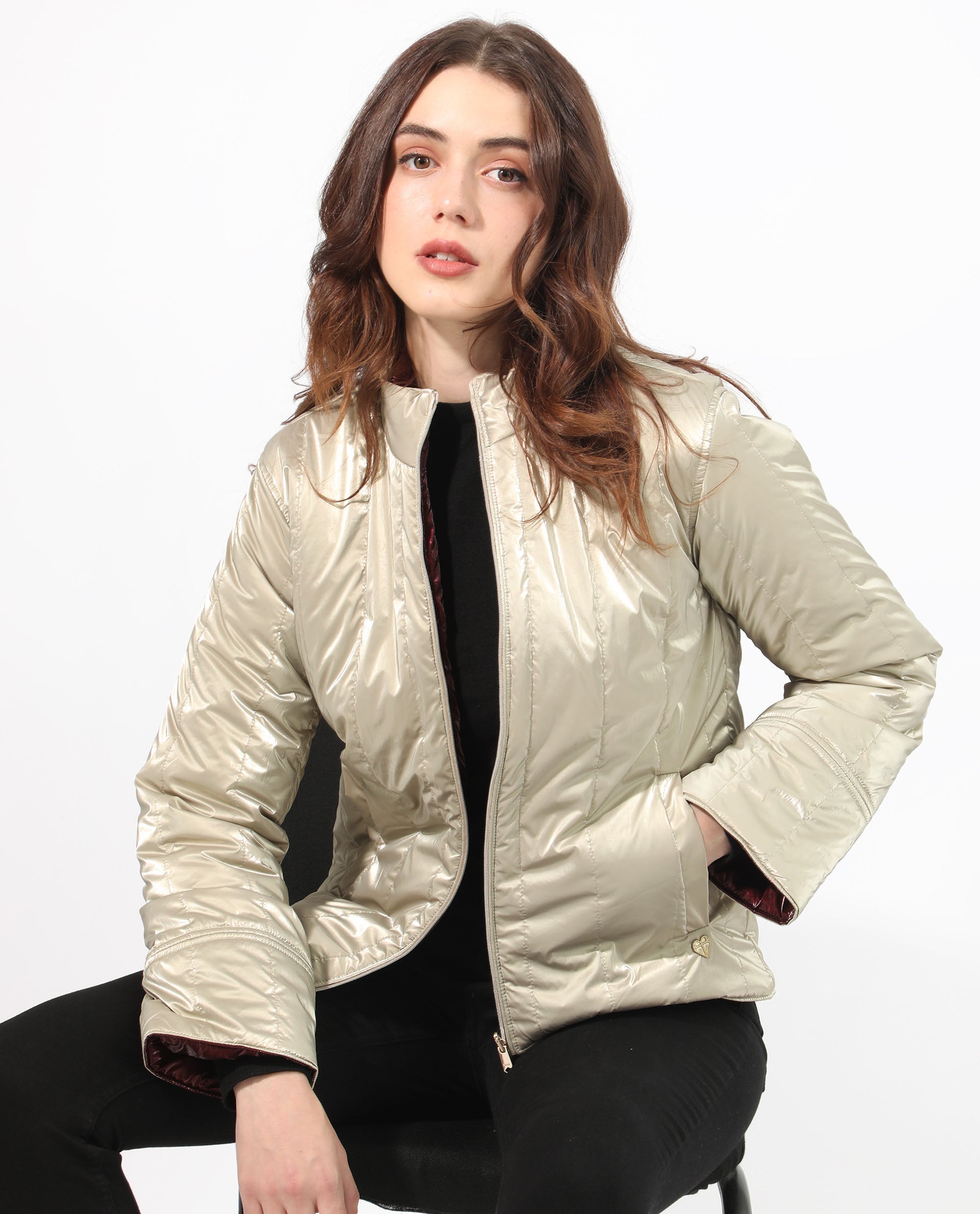 Rareism Women Stein Gold Polyester Fabric Full Sleeves Solid Mandarin Collar Jacket