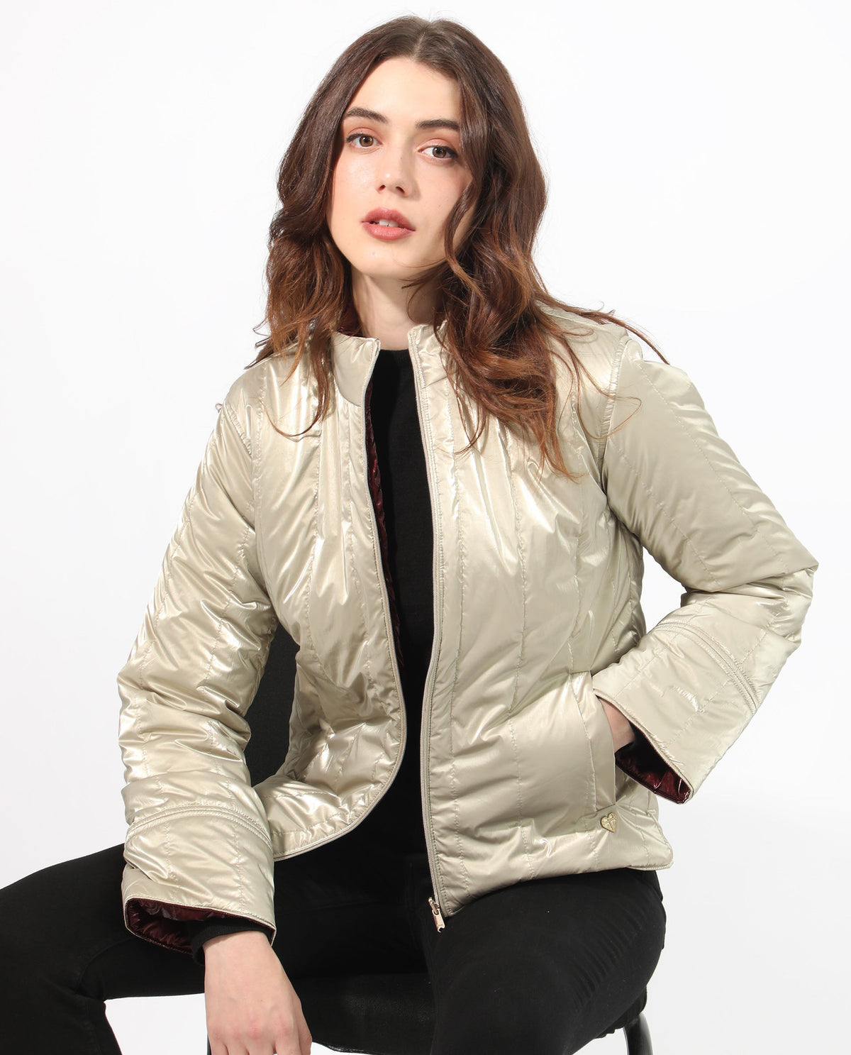 Rareism Women Stein Gold Polyester Fabric Full Sleeves Solid Mandarin Collar Jacket