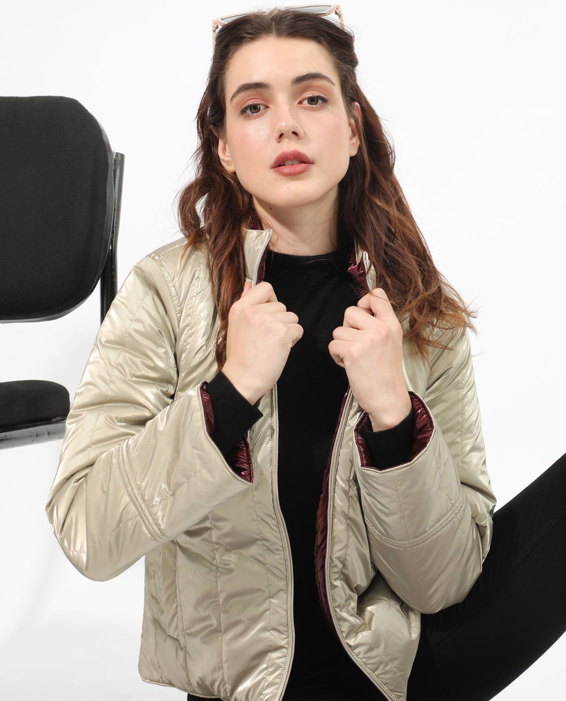 Rareism Women Stein Gold Polyester Fabric Full Sleeves Solid Mandarin Collar Jacket