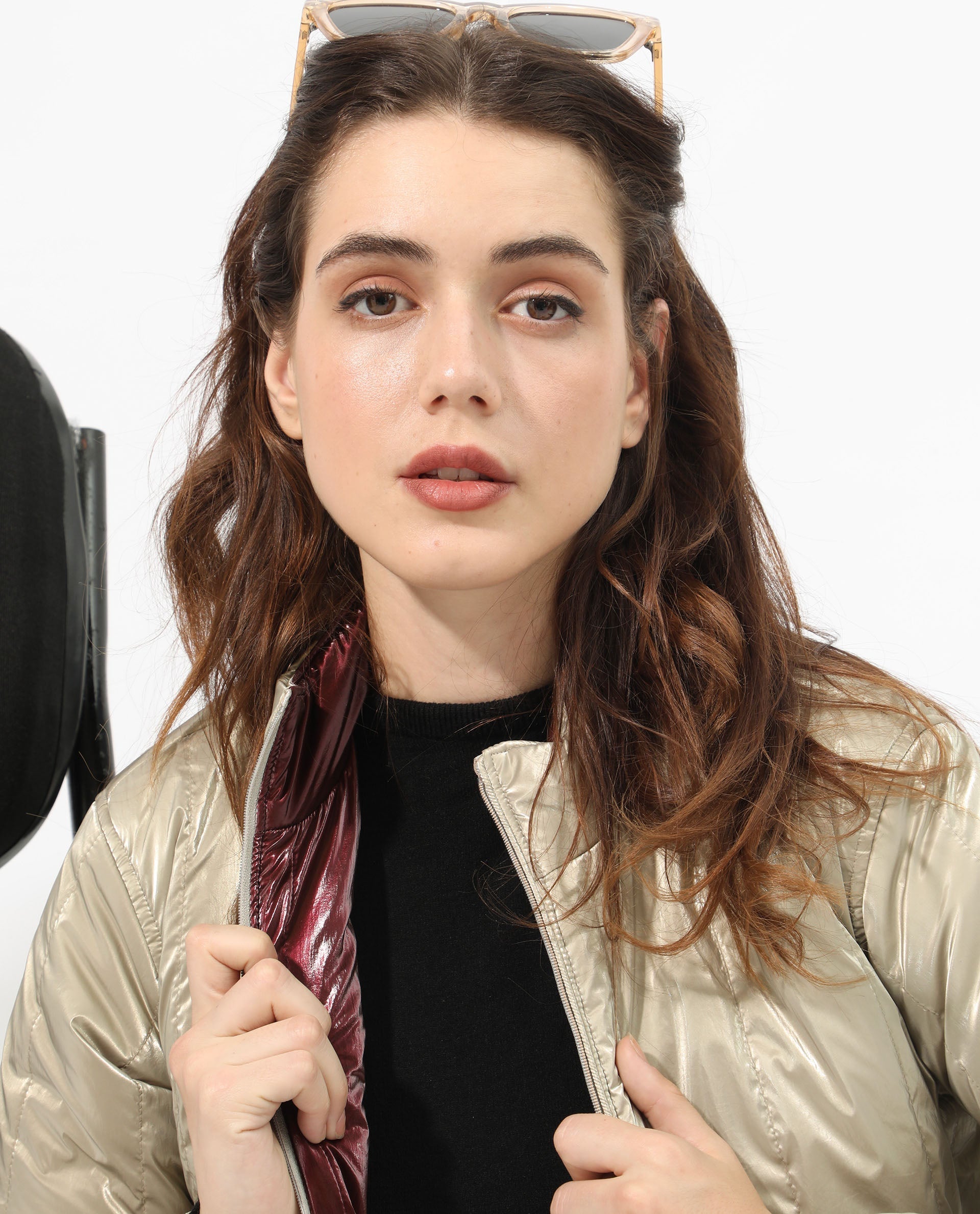 Rareism Women Stein Gold Polyester Fabric Full Sleeves Solid Mandarin Collar Jacket