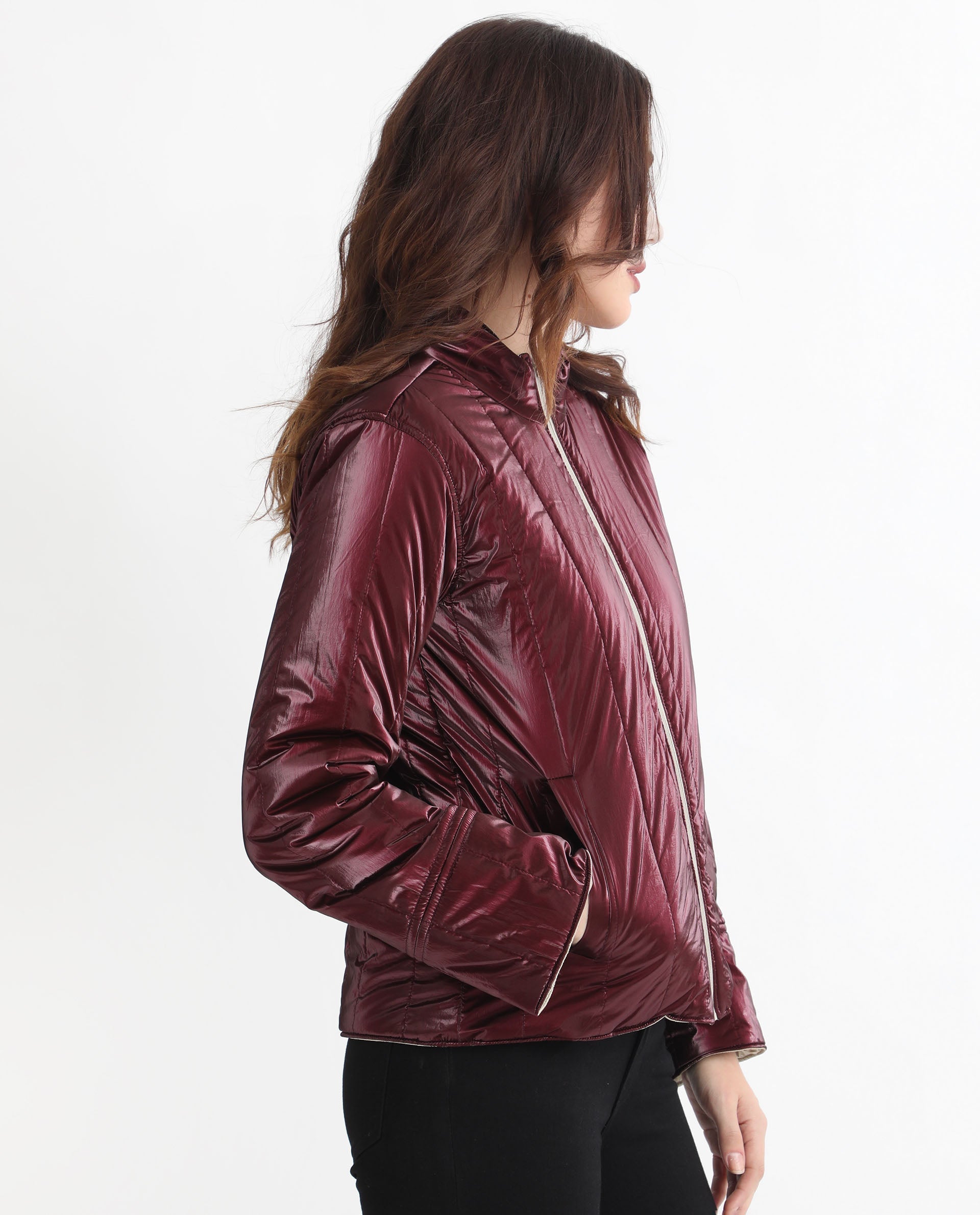 Rareism Women Stein Gold Polyester Fabric Full Sleeves Solid Mandarin Collar Jacket