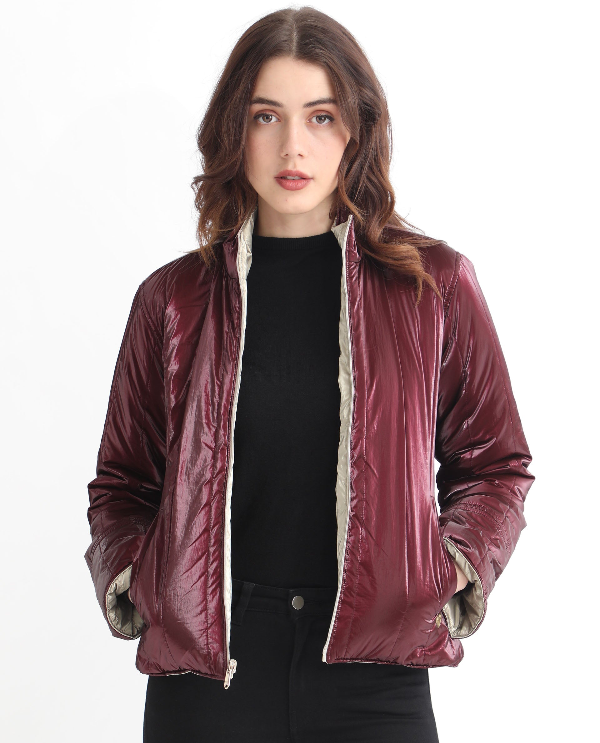 Rareism Women Stein Gold Polyester Fabric Full Sleeves Solid Mandarin Collar Jacket