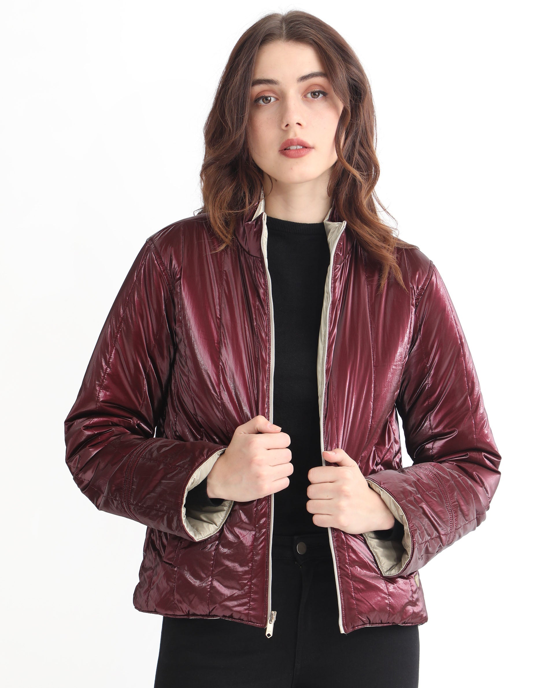 Rareism Women Stein Gold Polyester Fabric Full Sleeves Solid Mandarin Collar Jacket