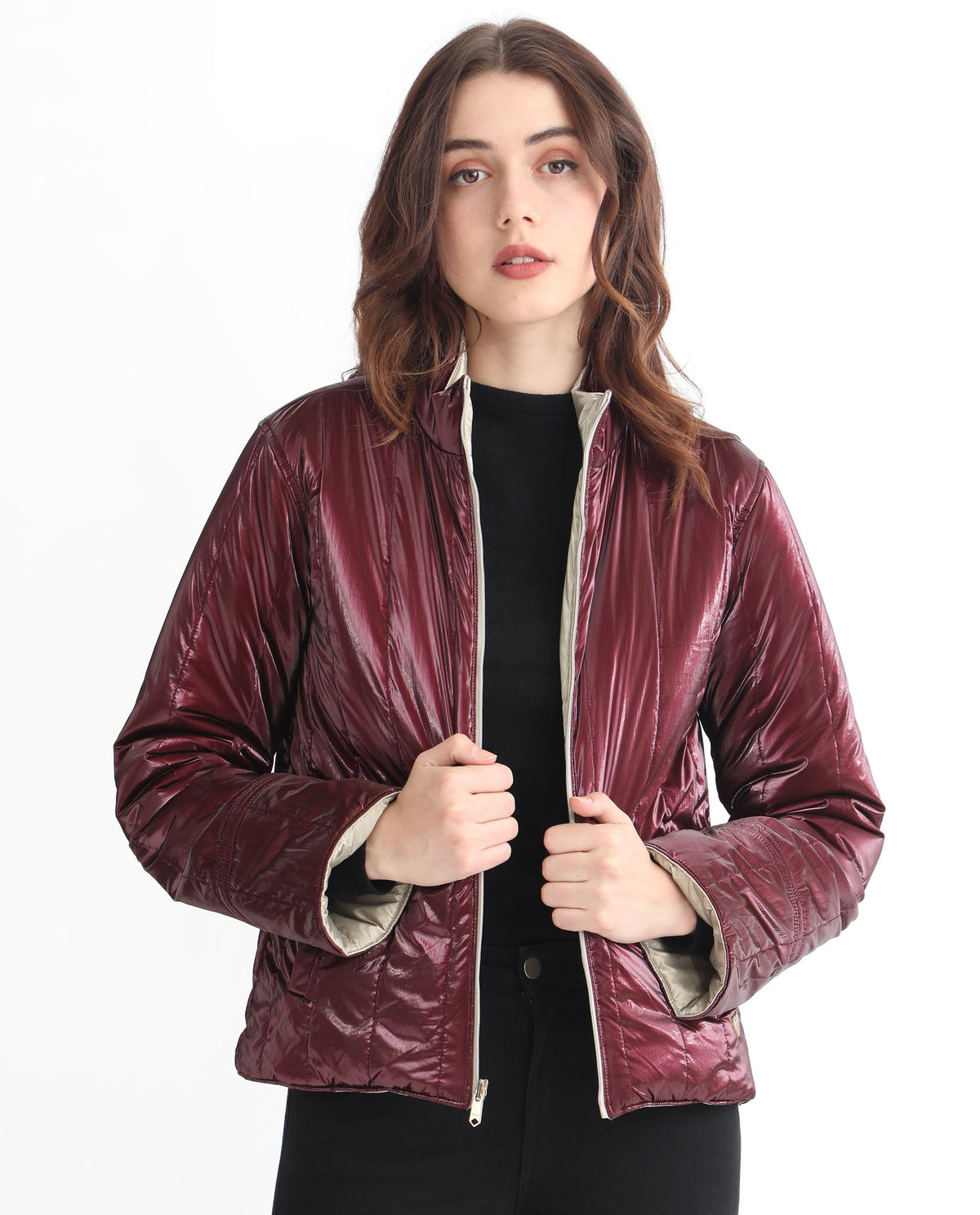 Rareism Women Stein Gold Polyester Fabric Full Sleeves Solid Mandarin Collar Jacket