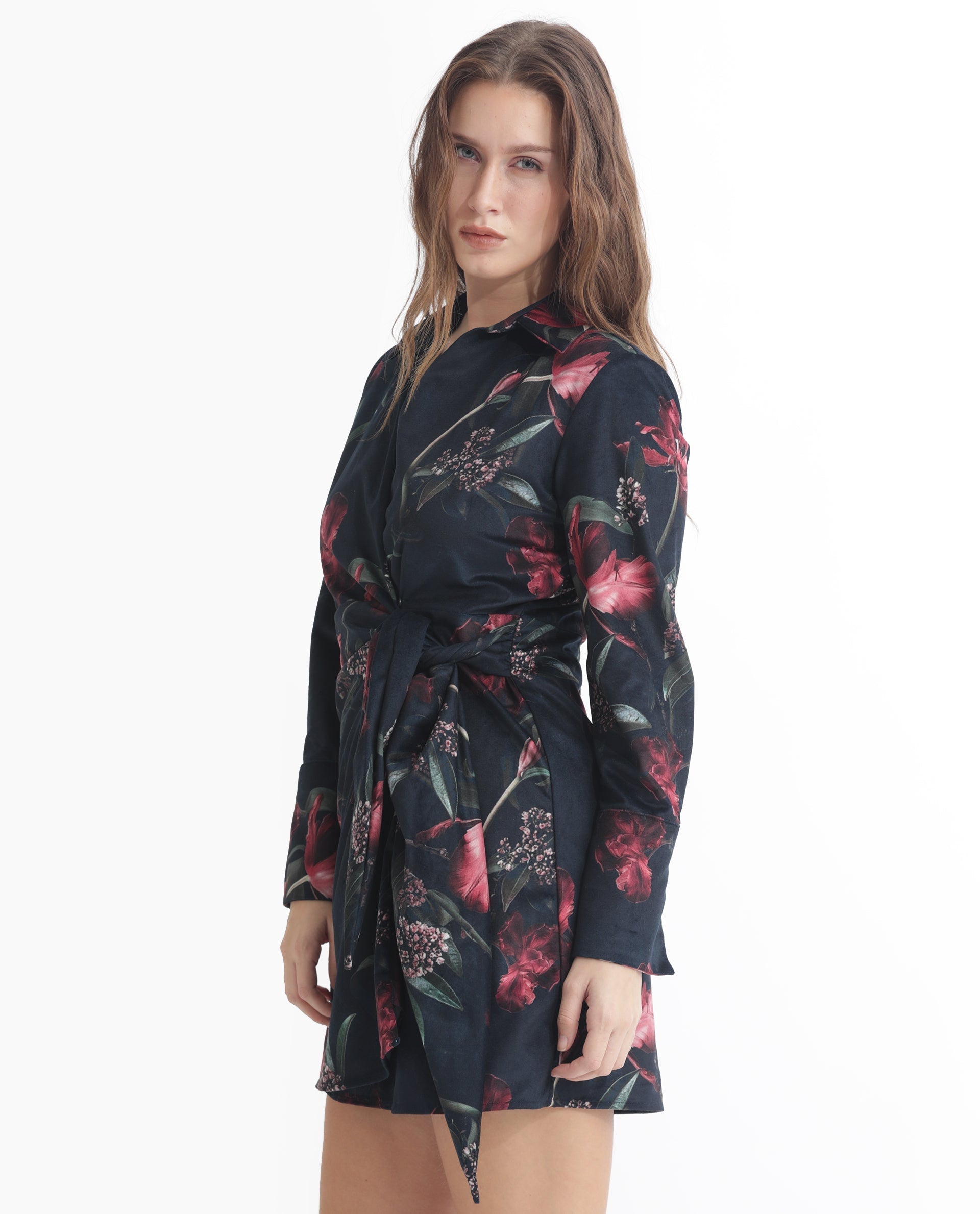 Rareism Women's Starle Black Velvet V-Neck Floral Print Mini Regular Fit Dress