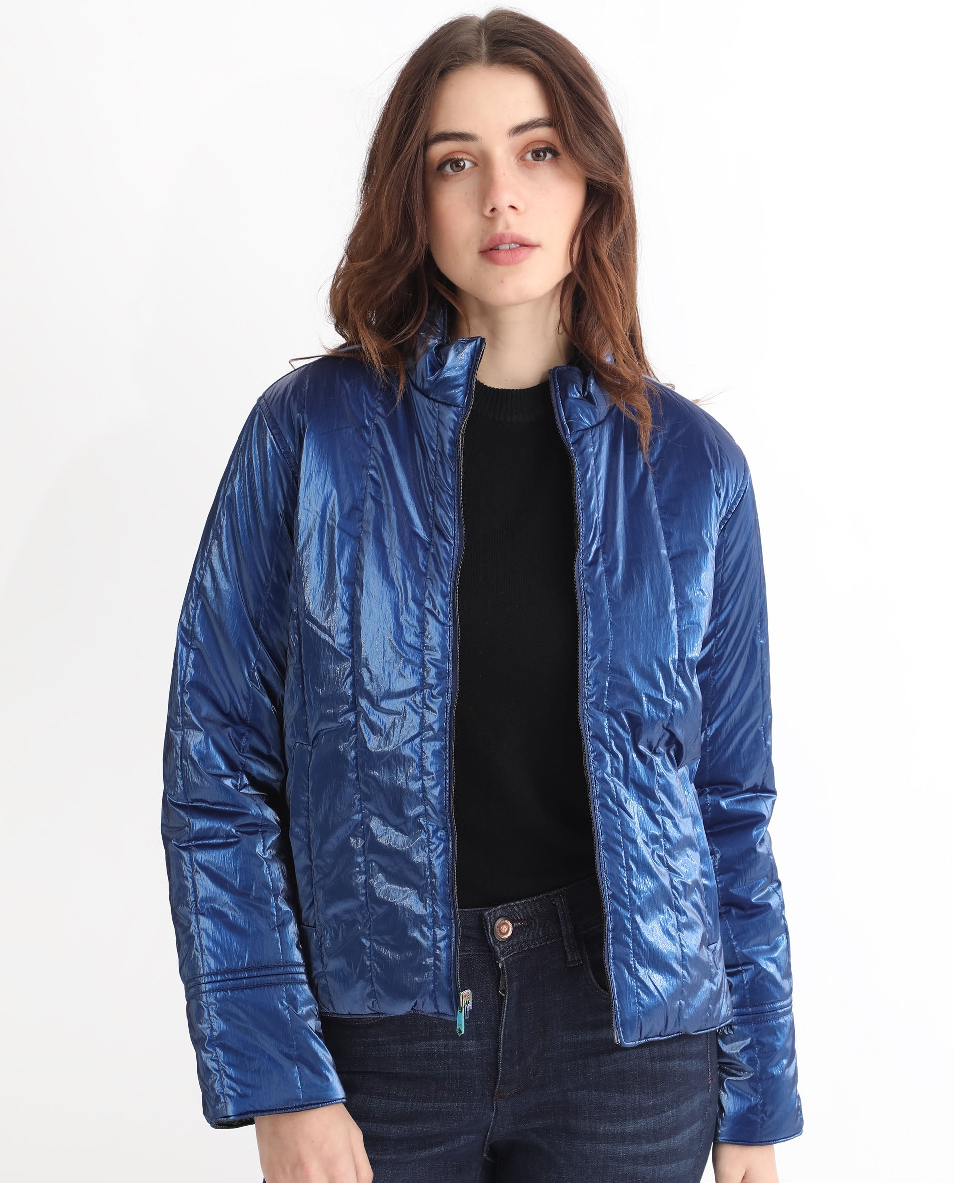 Rareism Women's Stein Navy Polyester Mandarin Collar Plain Regular Fit Jacket