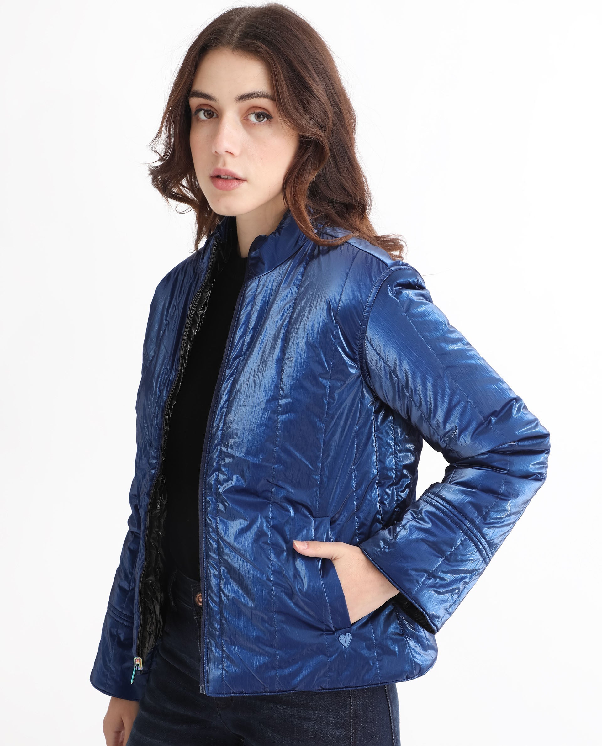Rareism Women's Stein Navy Polyester Mandarin Collar Plain Regular Fit Jacket