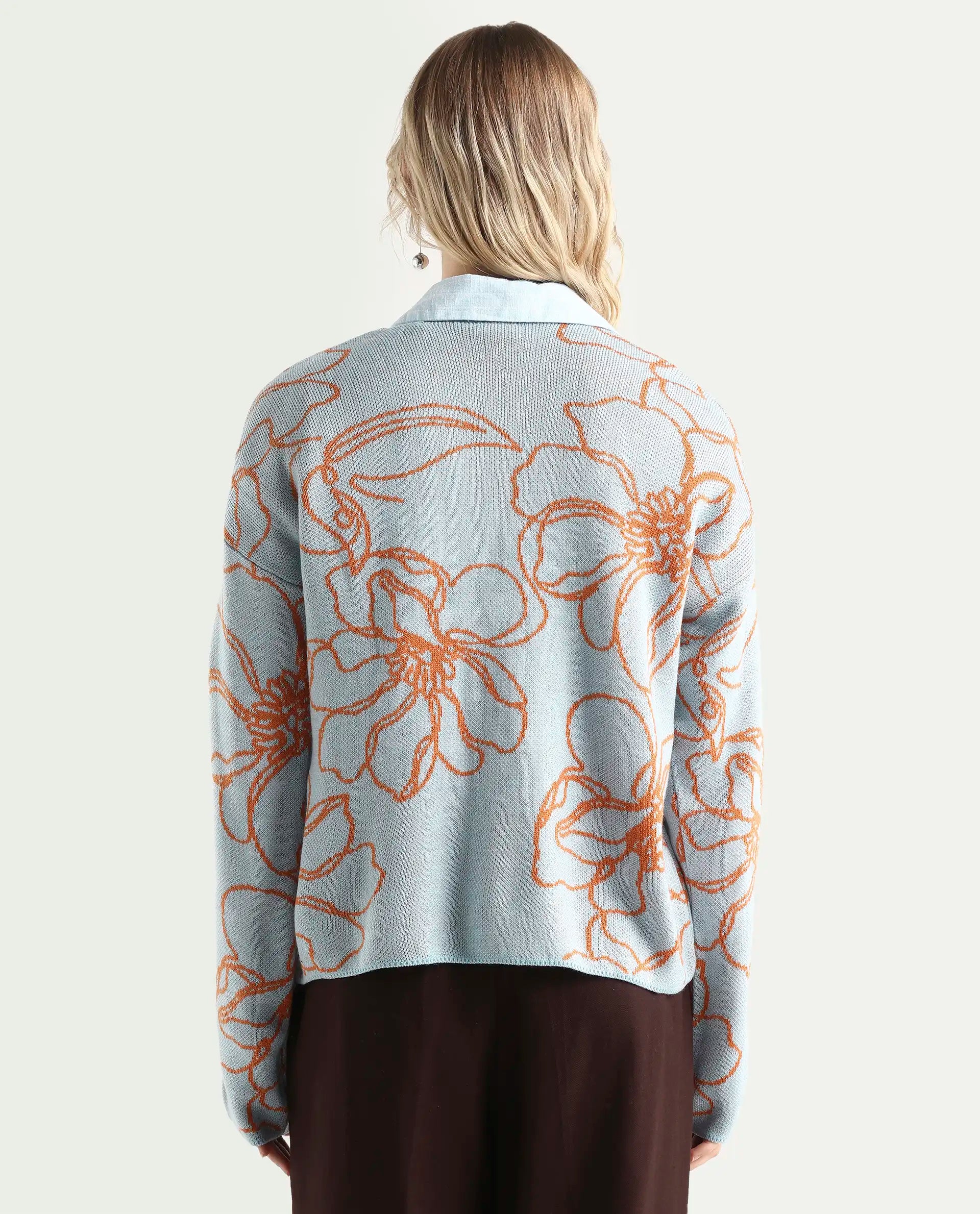 Rareism Women's Stellan Blue Acrylic Boat Neck Floral Print Relaxed Fit Sweater